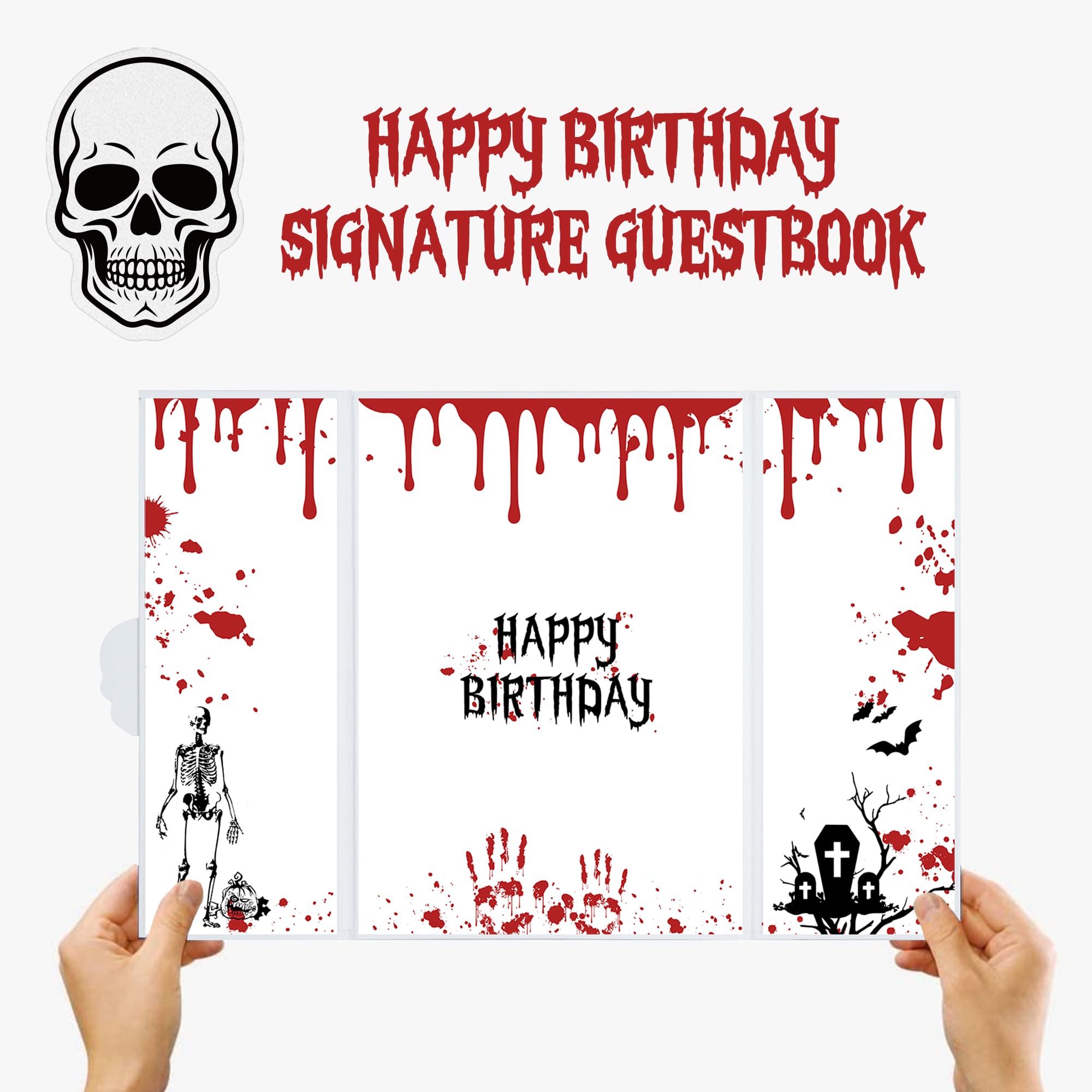 DARUNAXY Happy Birthday Party Decorations, Red Birthday Alternative Signature Guest Book Horror Birthday Gifts Halloween Skull Ghost Birthday Signing Card Party Supply for Boys & Girls
