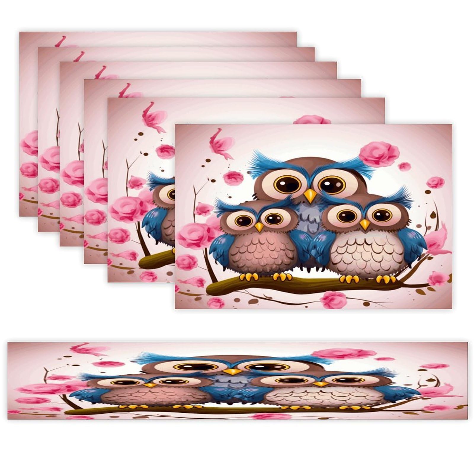 Cute Owls Table Runner and Placemats of 6 Washable Heat Resistant Place Mats with Table Runner Vintage Holiday Table Mat Set for Holiday Party Kitchen Dining Deco