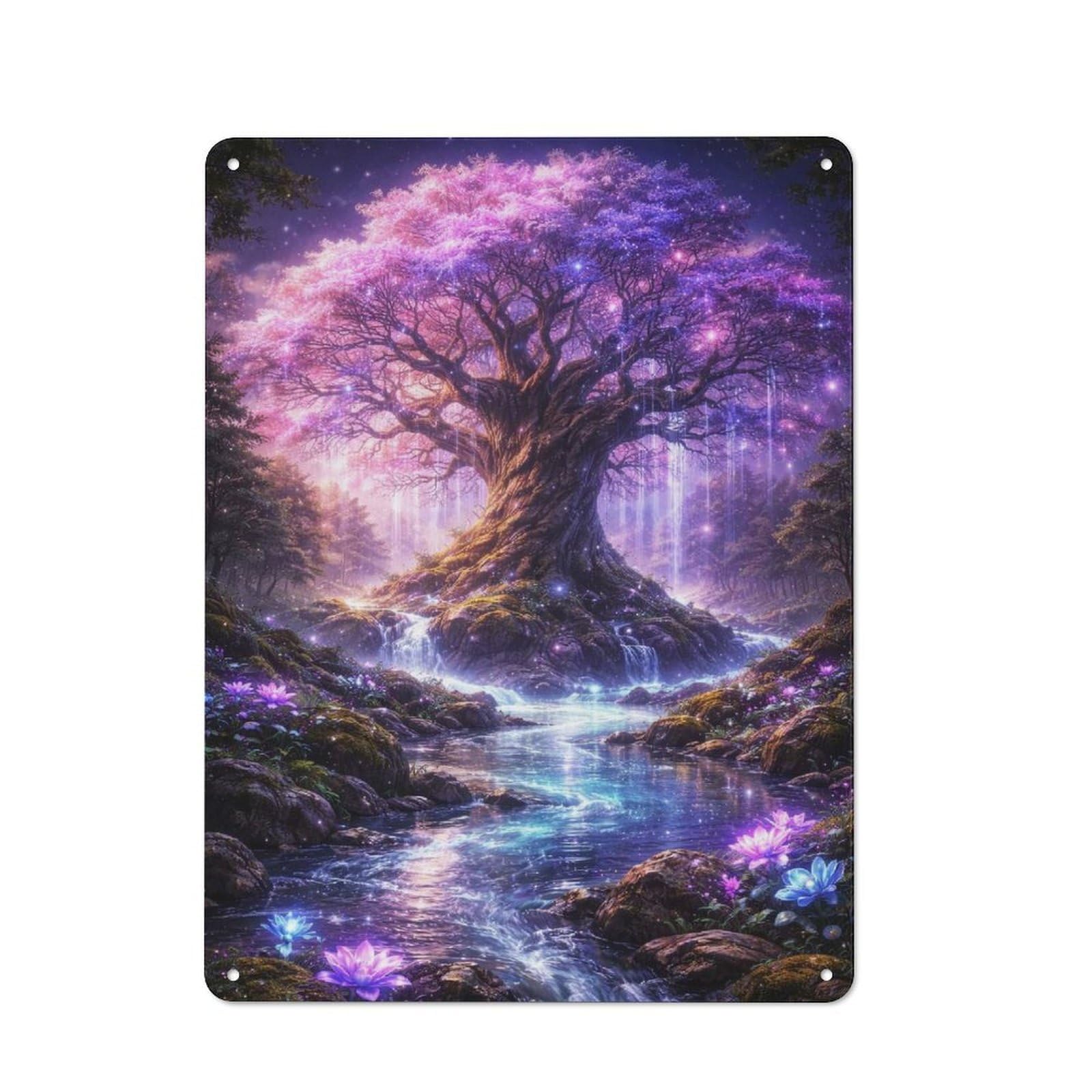 Metal Plaque with Enchanted Forest Tree with Waterfalls Design 40x30cm, Retro Kitchen Wall Decor for Bakery, Diner, Cafe Or Family Room