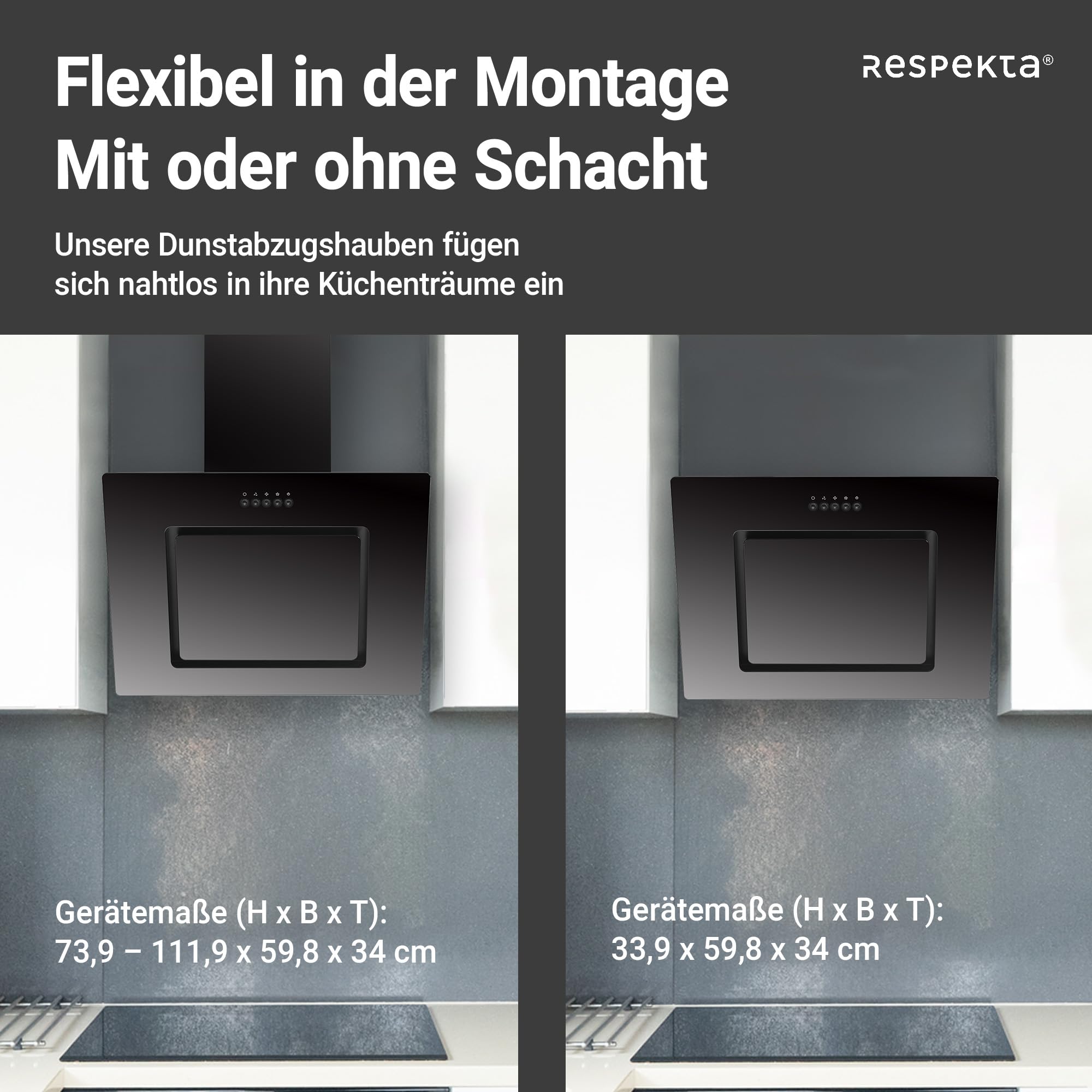 Respekta Dunstabzugshaube 60 cm Metallgehäuse Glasschirm Schwarz Abluft Umluft 54-62 dB