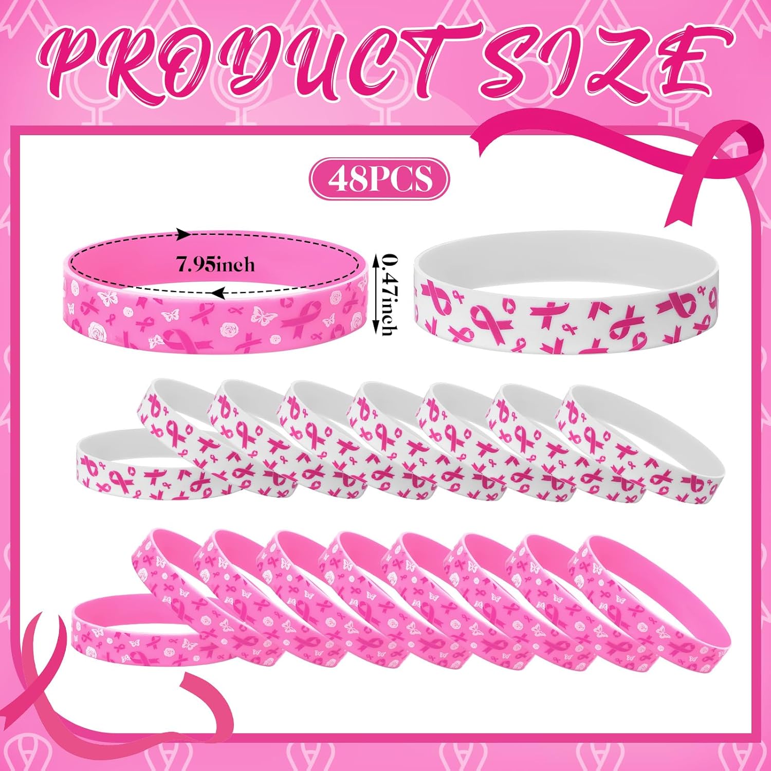 Patelai 48 Pcs Breast Cancer Awareness Bracelets Pink Ribbon Breast Cancer Awareness Silicone Wristbands Black Party Favors for Women Accessories Gifts(Lovely, Pink White) - Image 3