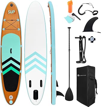 Inflatable Stand Up Paddle Board 6 Inches Thick, ISUP Package W/Premium SUP Accessories & Backpack, Non-Slip Deck,Fins, Adjustable Paddle, Leash, Hand Pump,Standing Boat for Youth & Adult