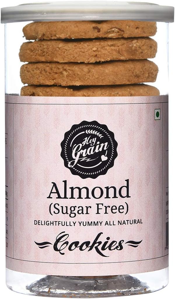 Hey Grain Almond Sugar Free Cookies (Whole Wheat Flour, Roasted Almonds, Almond Flour, Stevia, Butter, Milk, Baking Soda) Stevia sweetened sugar free cookies