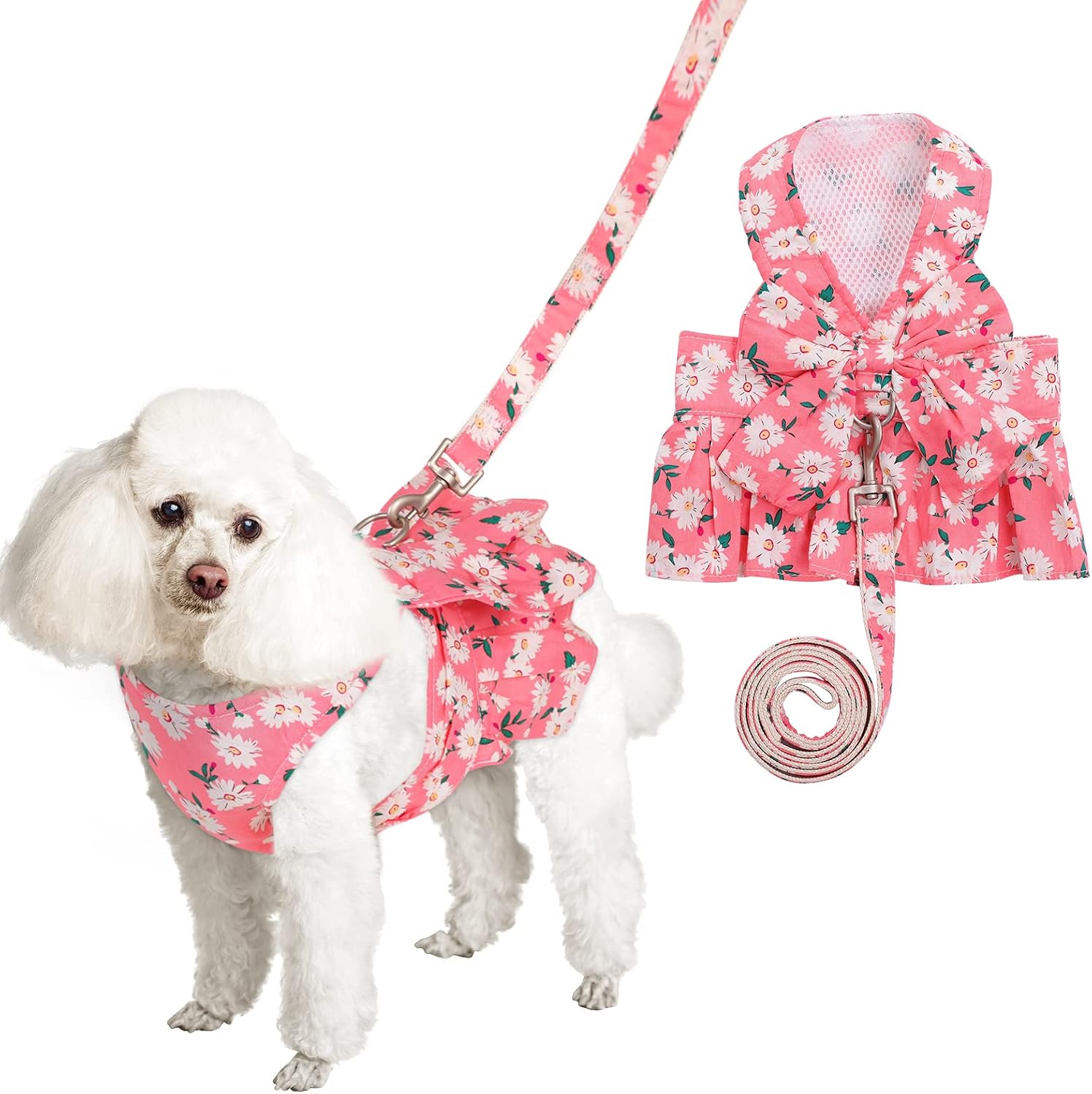 Dog Dress with Leash Set Dog Durable Harness Vest Floral Print Pet Dress Cute Back Bow Cat Clothes for Spring Summer Outdoor Walking
