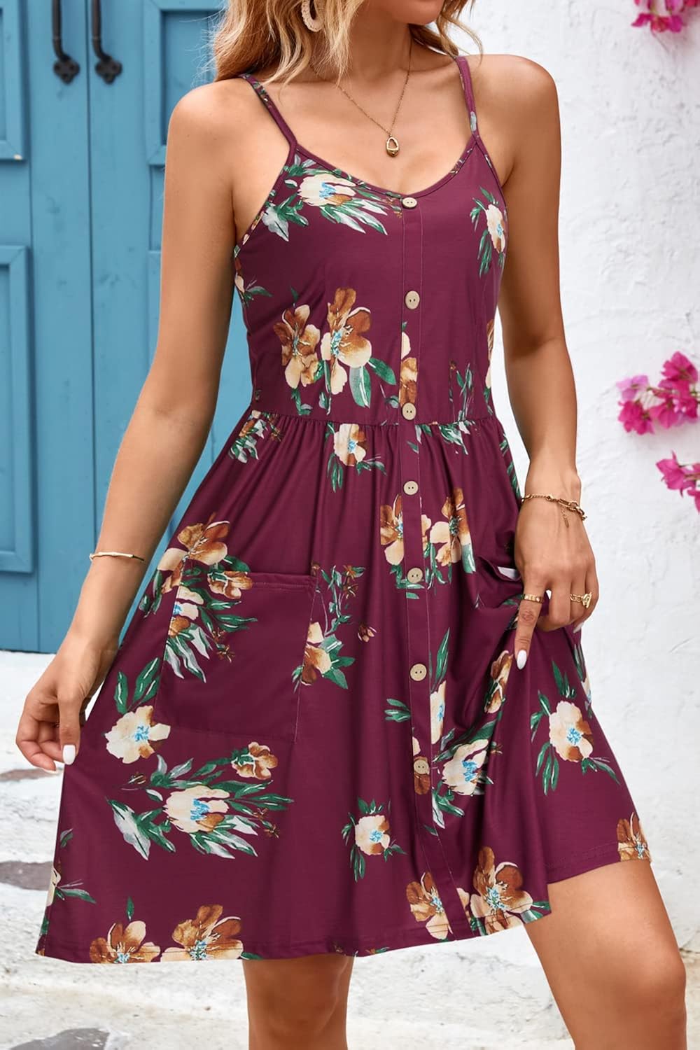 OUGES Women's Summer V Neck Sundress Spaghetti Strap Button Down Dress with Pockets