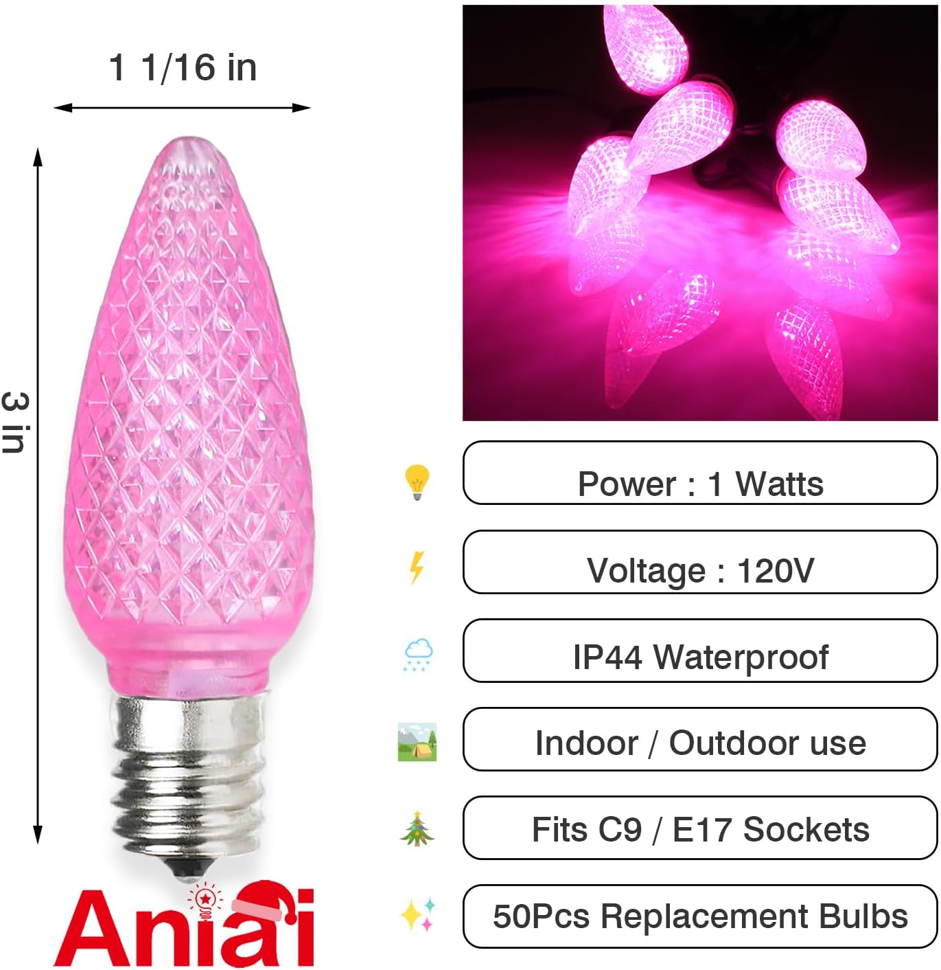 50PCS C9 Led Christmas Light Bulbs - C9 Led Bulbs with E17 Base Sockets Replacement Bulbs for Outdoor String Lights - Commercial Grade Pink