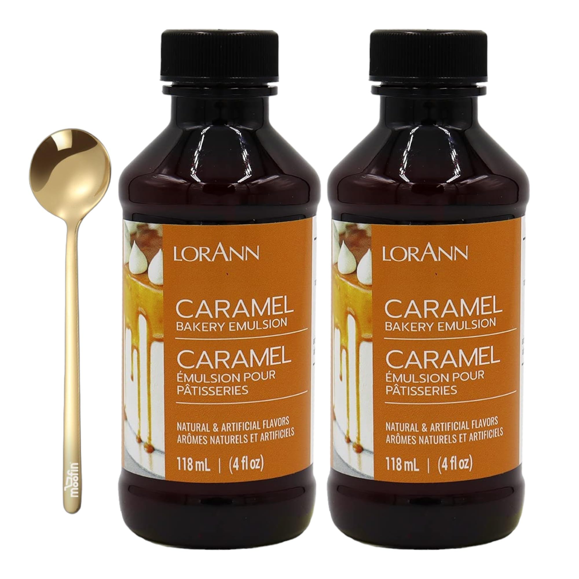 moofin LorAnn Caramel Emulsion, 4 oz - Rich Caramel Extract Flavoring Bundled with Stainle Steel Spoon , Buttery, and Sweet Caramel Flavoring for Baking Cakes, Cookies & Deerts [Pack of 2]