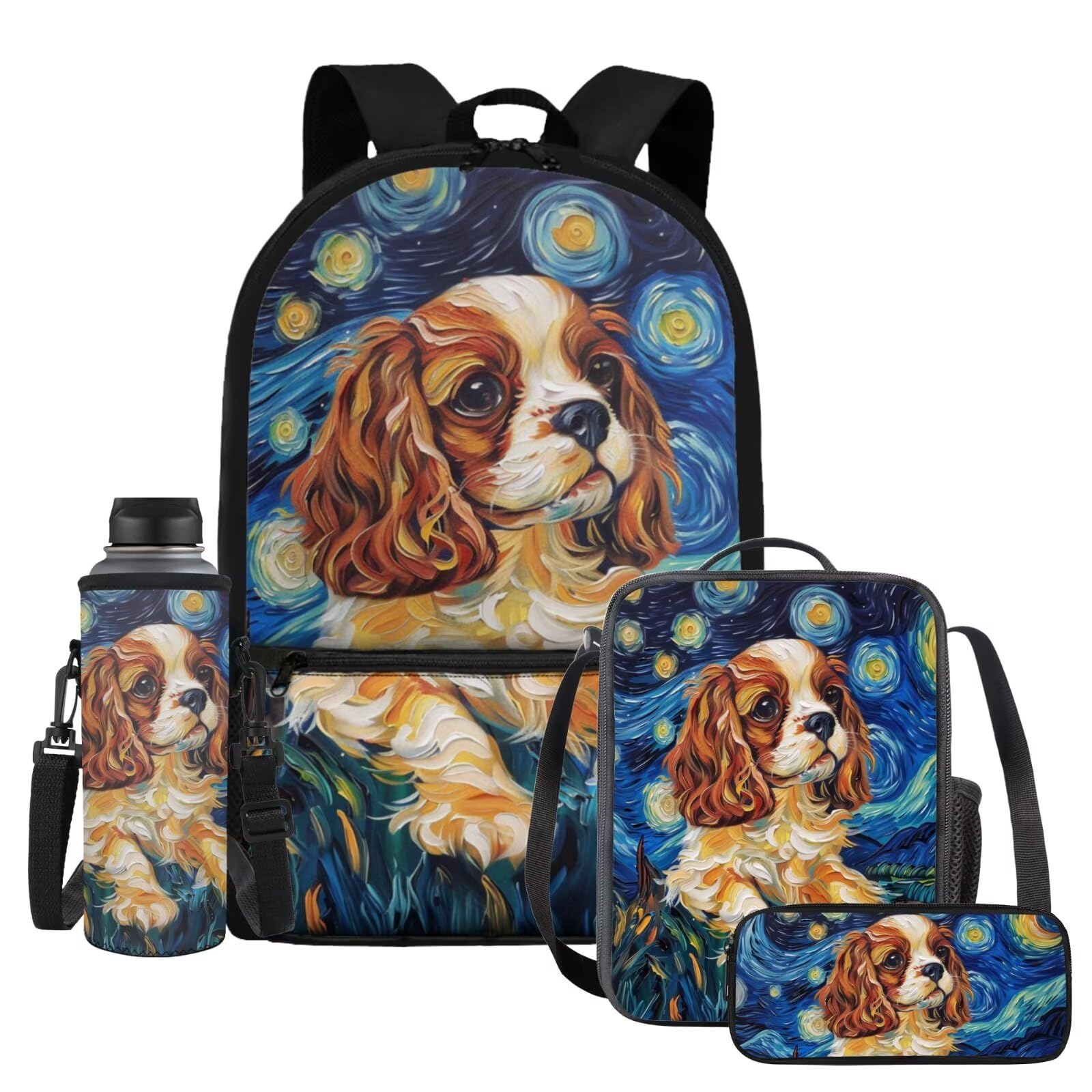 WELLFLYHOM Cavalier King Charles Spaniel Backpack for School Kids Girls 1st Grade/ 2nd Grade/ 3rd Grade The Starry Night 17 Inch Book Bag with Lunch
