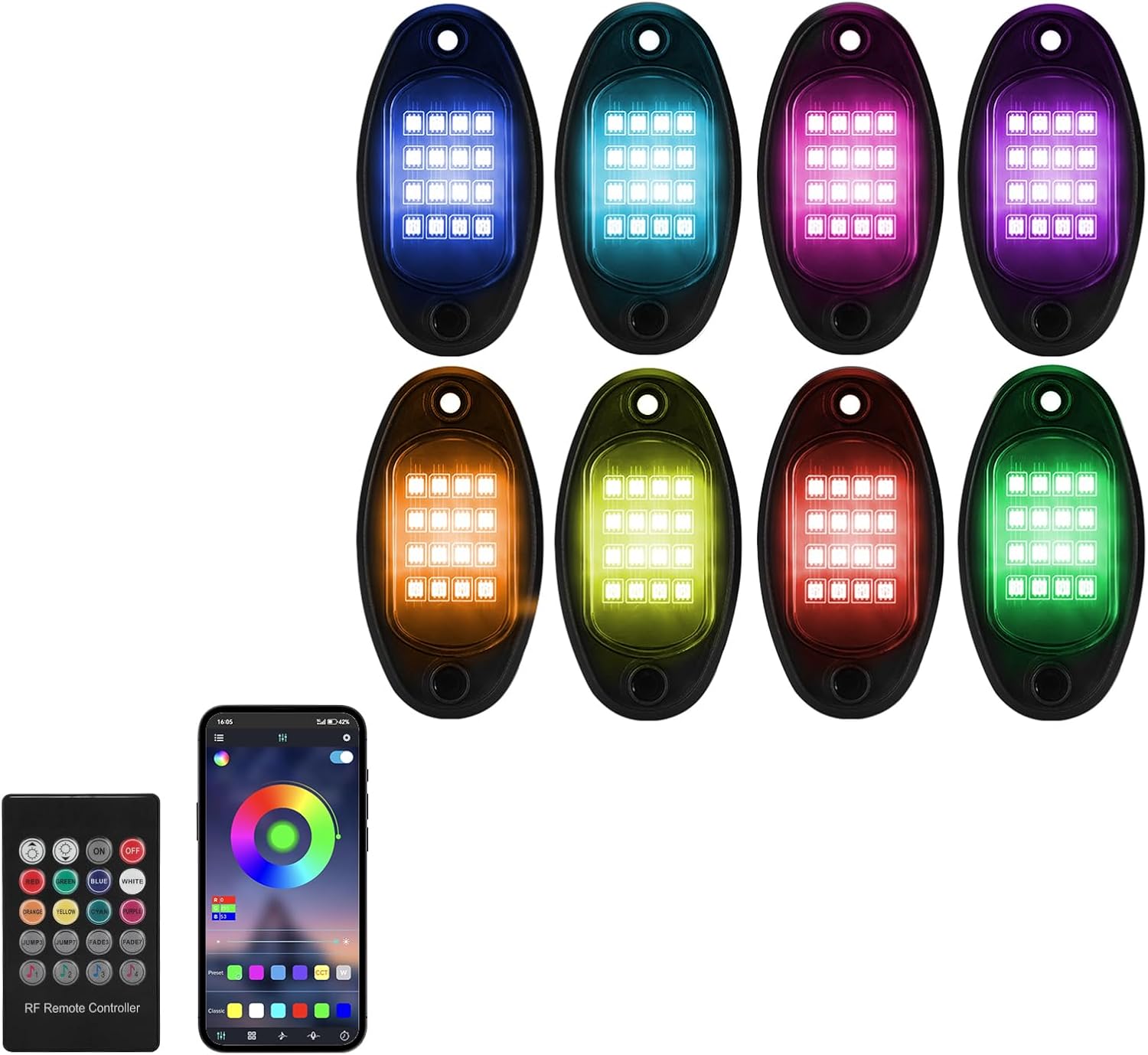 8 Pods RGB LED Rock Lights, Multicolor Bright Underglow Light Kit with APP/RF Remote, LED Neon Lights Underbody Accent for Trucks ATV Golf Cart Jeep Offroad