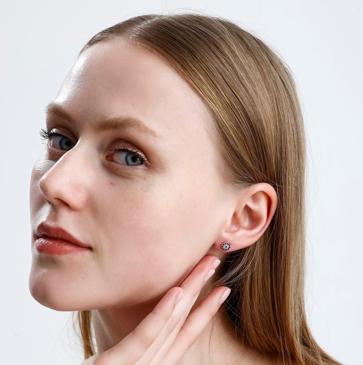 Sterling Silver Rose Gold Evil Eye Stud Earrings | 7mm Round Design with Blue & White CZ Stones | Protection Jewelry for Women - Image 2