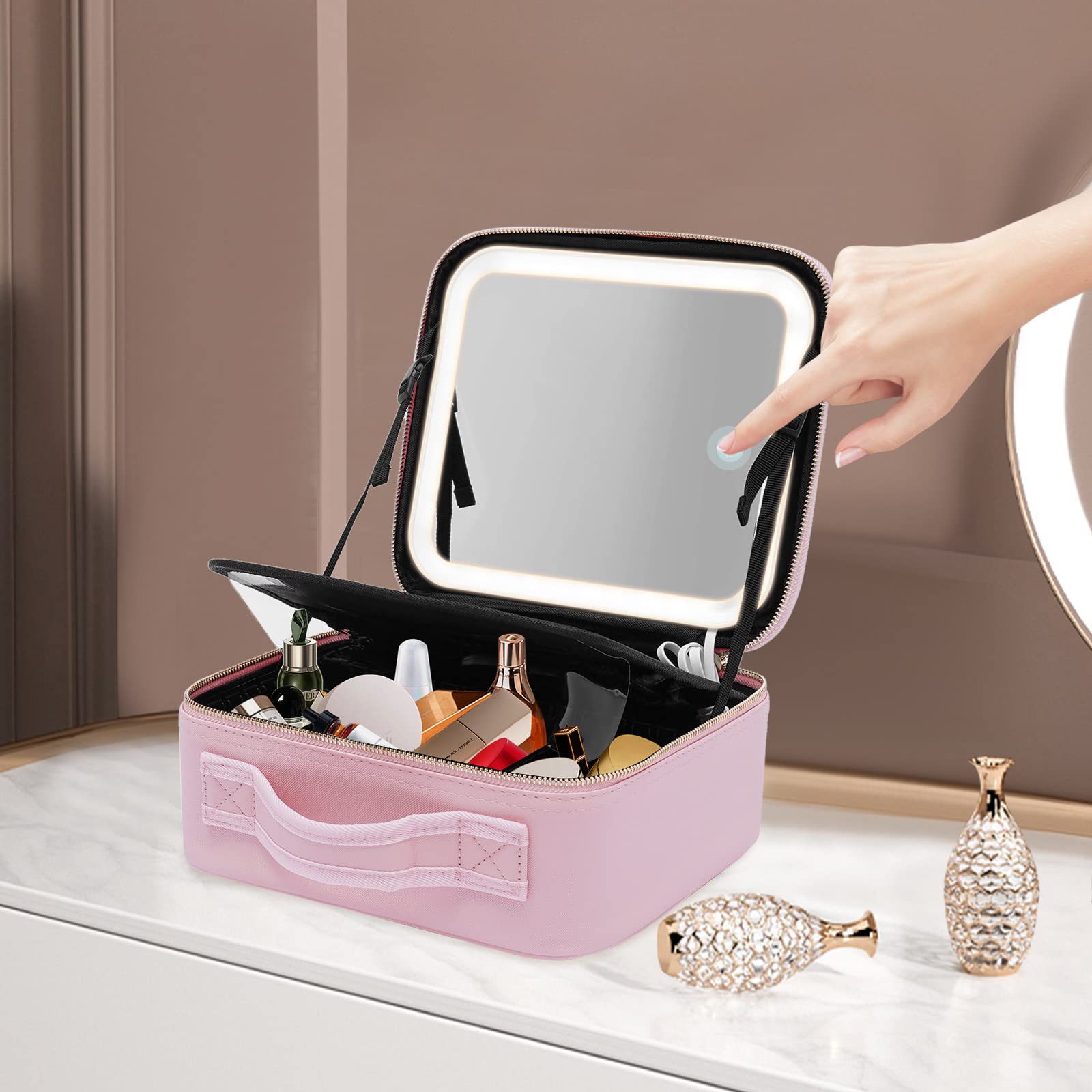 Trousse de maquillage avec miroir LED, grande capacité, trousse de rangement pour outils, pinceaux de maquillage, boîte de rangement portable, rose, Rose, m, Style moderne