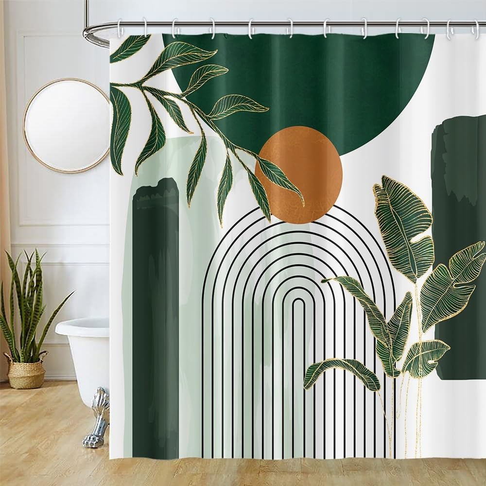 Uiiooazy Green Shower Curtain, Abstract Tropical Palm Leaves Bath Curtain Anti-Mould Waterproof Polyester Fabric Bathroom Curtains with 12 Hooks 180 x 180 cm