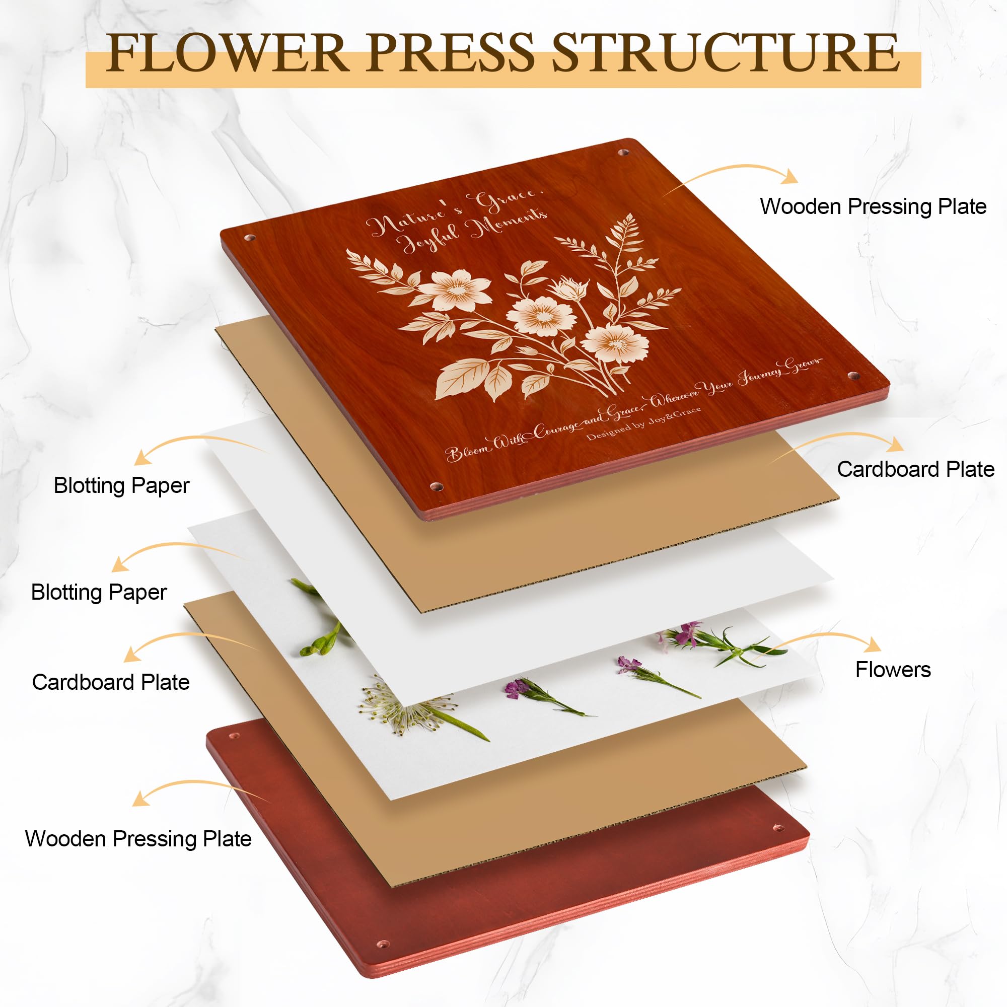 Kit de presse à fleurs Joy&Grace 27,7 x 27,7 cm 10 couches avec album photo DIY acajou