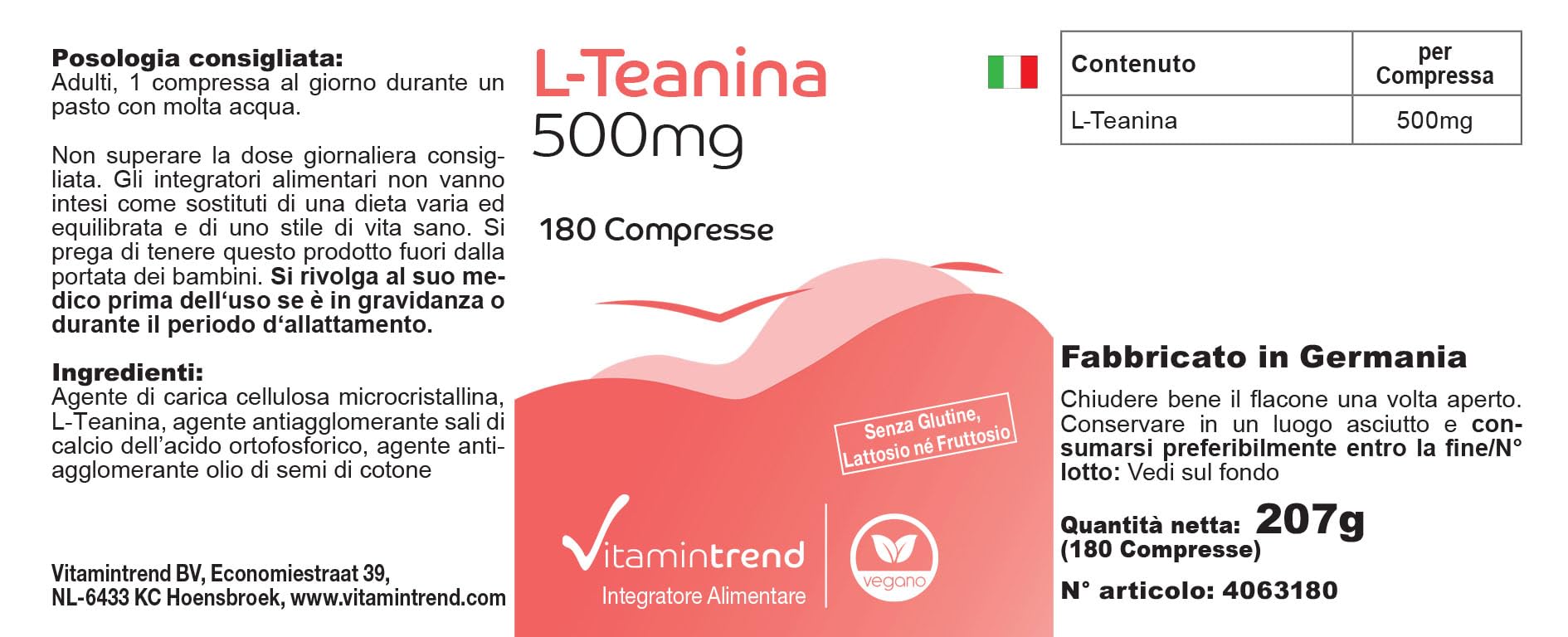 Vitamintrend L-Théanine haute dose 500 mg, 180 comprimés, acide aminé, complément alimentaire végan sans additifs, fabriqué en Allemagne