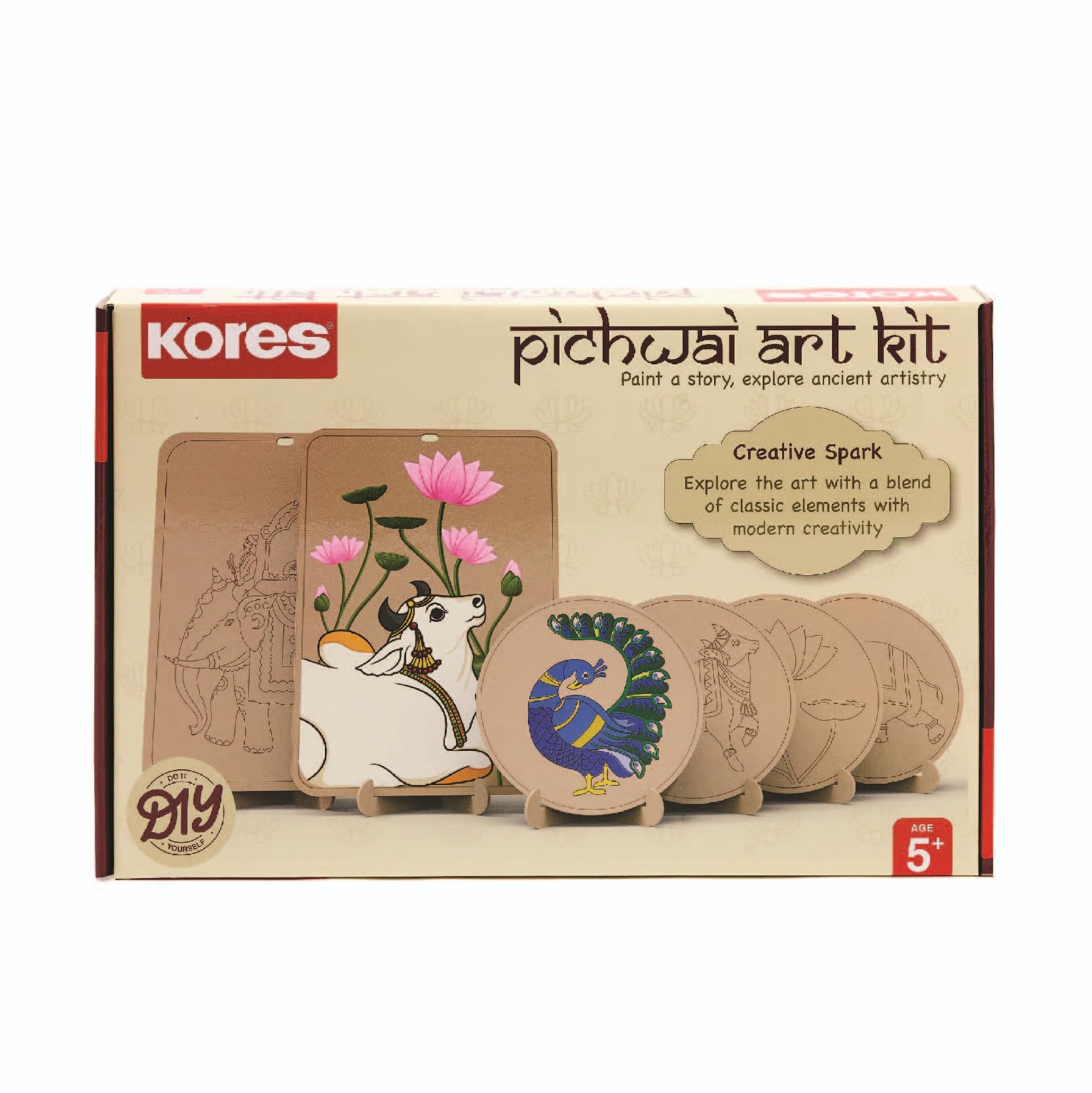 Kores Pichwai Art Kit for Kids (Age 5+) | DIY MDF Painting Kit with Acrylic Colours, Coasters, Hangers, Brushes & Palette | Indian Traditional Art & Craft Set