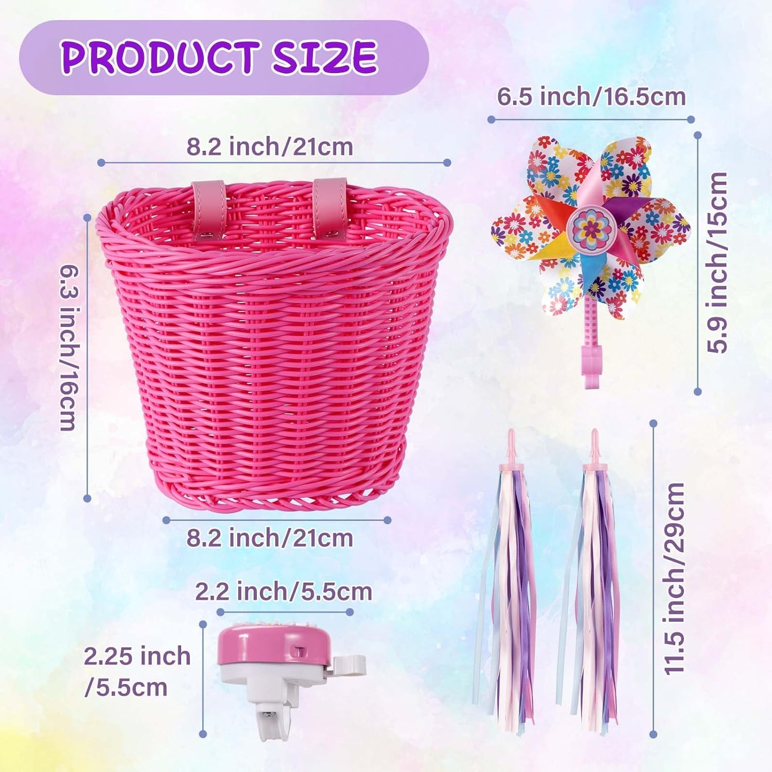 Panier de vélo pour Enfant - Accessoire Avant de vélo pour Filles et garçons - Panier de vélo en Tissu avec Autocollants, Sonnette, Moulin à Vent et 1 Paire de Rubans colorés avec Pompons