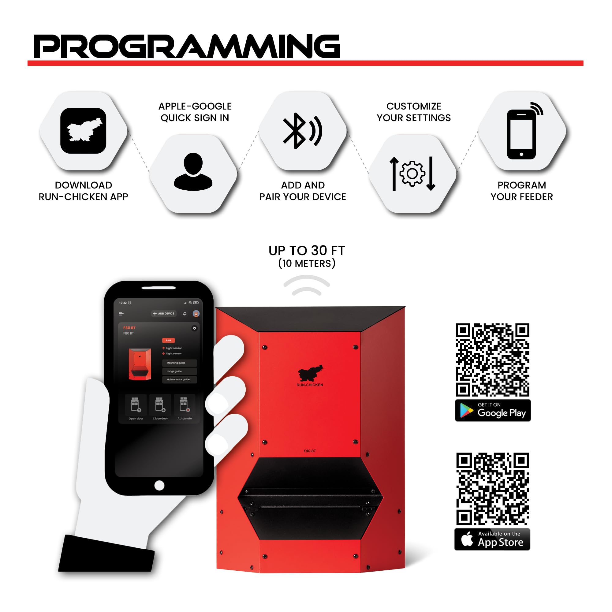RUN-CHICKEN Comedero automático para pollos (rojo), funciona con pilas, escotilla de seguridad programable con temporizador, alimentación de 9,0 kg, resistente a las plagas, accesorio para gallinero