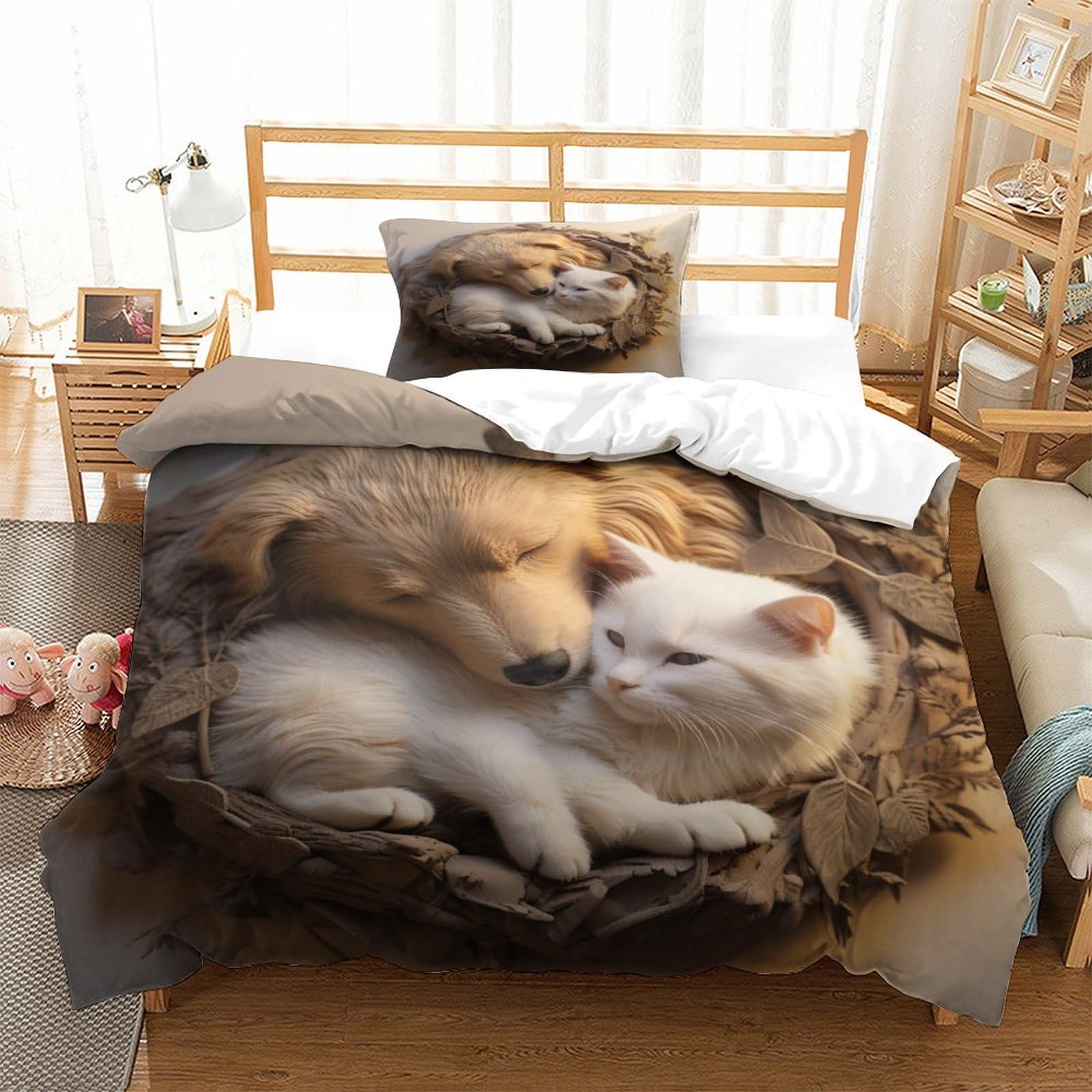P1S9U7W5Y Cozy Animals 3D Printed Dog Cat Duvet Cover Set 3 Pieces Microfiber Bedroom Decor Pet Theme Bedding Set for Adults Teens Soft Breathable Gift Single（135x200cm）