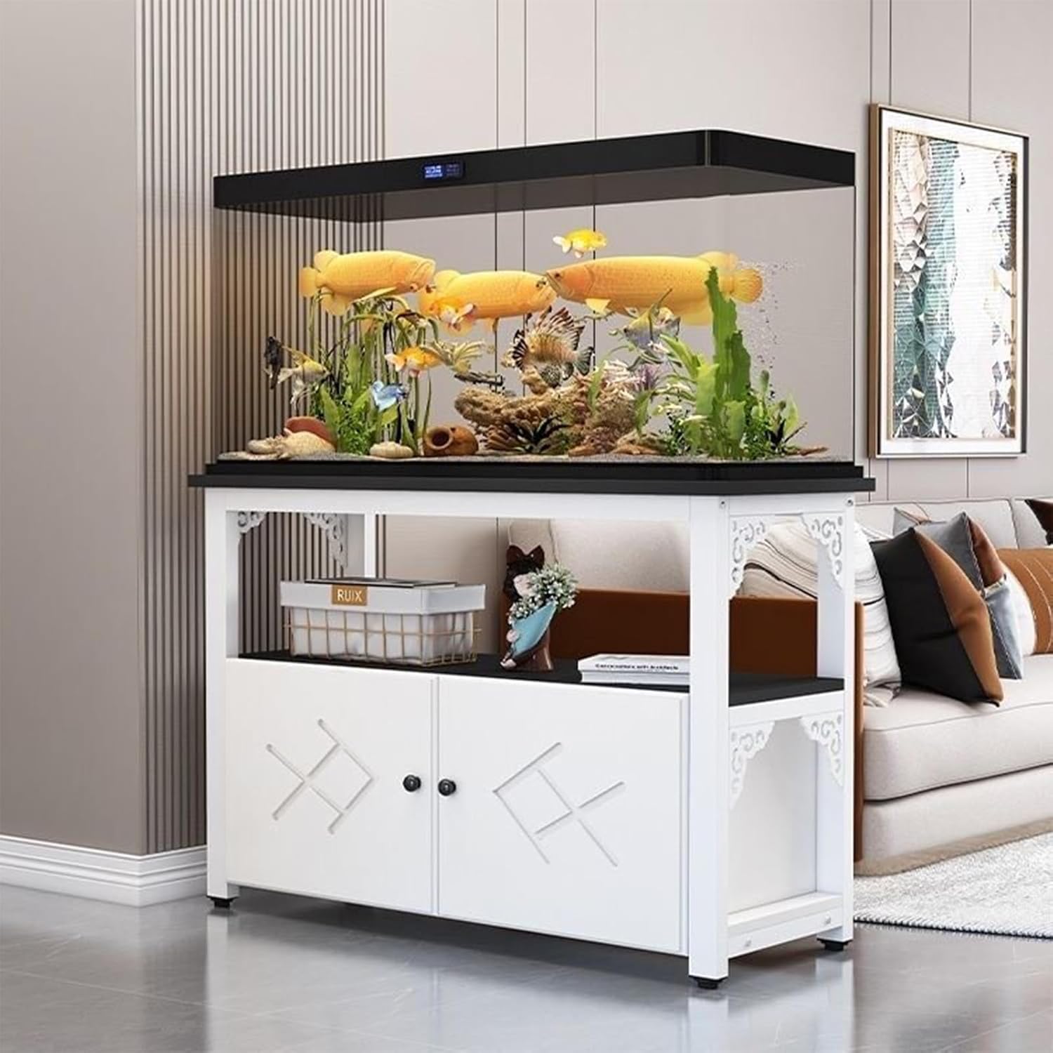 20 Gallon Fish Tank Stand, Reptile Turtle Tank Stand for Home Office, Aquarium Stand with Cabinet for Fish Tank Accessories Storage, 1000LBS Black Frame + White 120x30x70cm