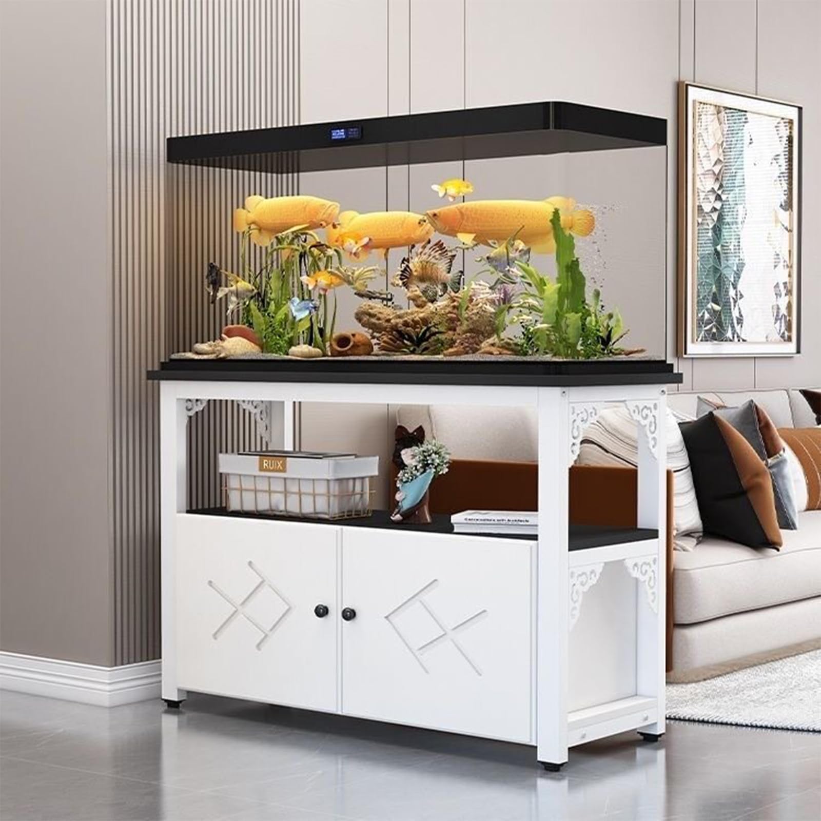 STARHMLUX 20 Gallon Fish Tank Stand, Reptile Turtle Tank Stand for Home Office, Aquarium Stand with Cabinet for Fish Tank Accessories Storage, 1000LBS White Frame + Black 60x40x70cm