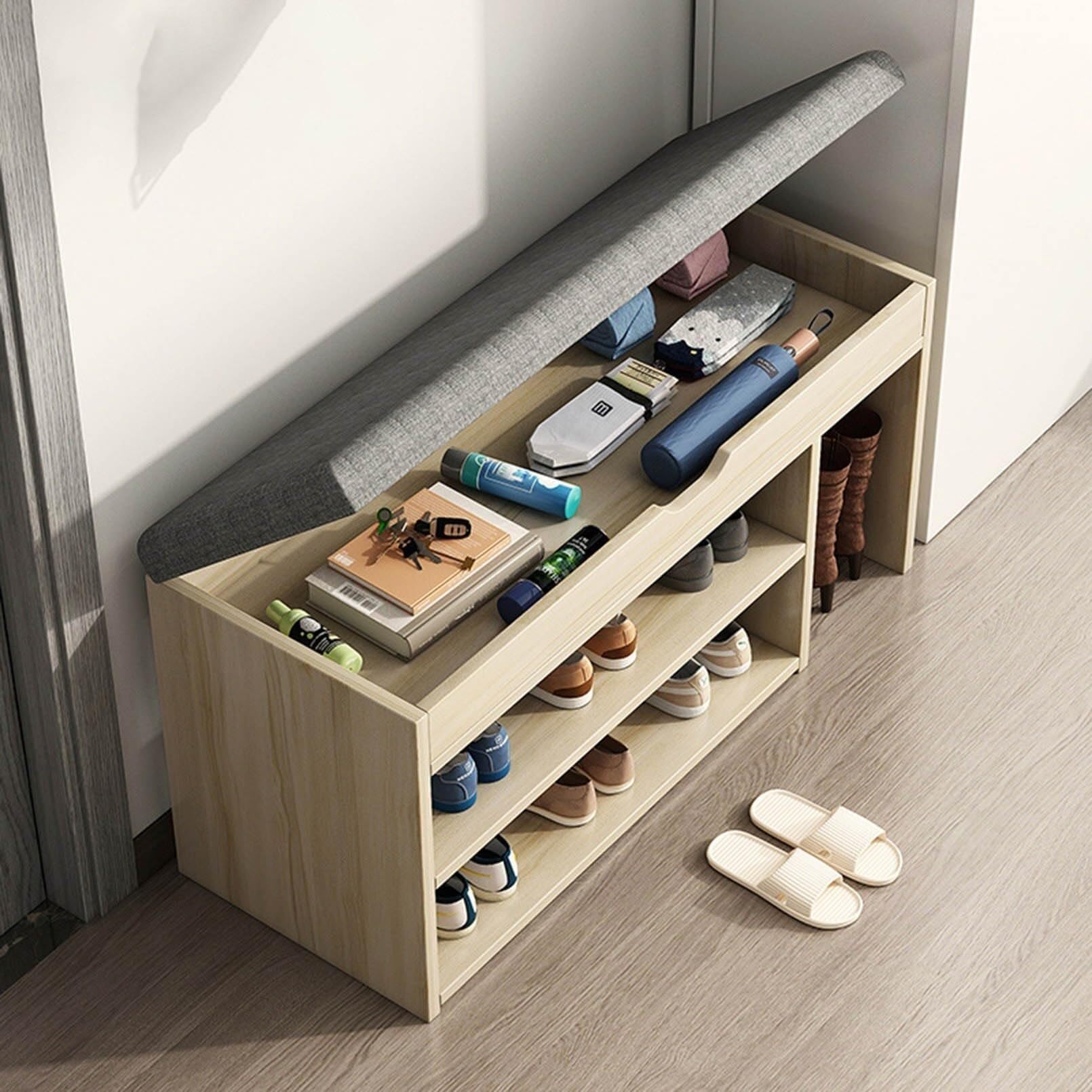 Amazon.com: Organizador de zapatos de madera con almacenamiento oculto y  asiento acolchado, zapatero 2 en 1 con compartimentos abiertos para  almacenamiento de botas y taburete acolchado de lino : Hogar y Cocina