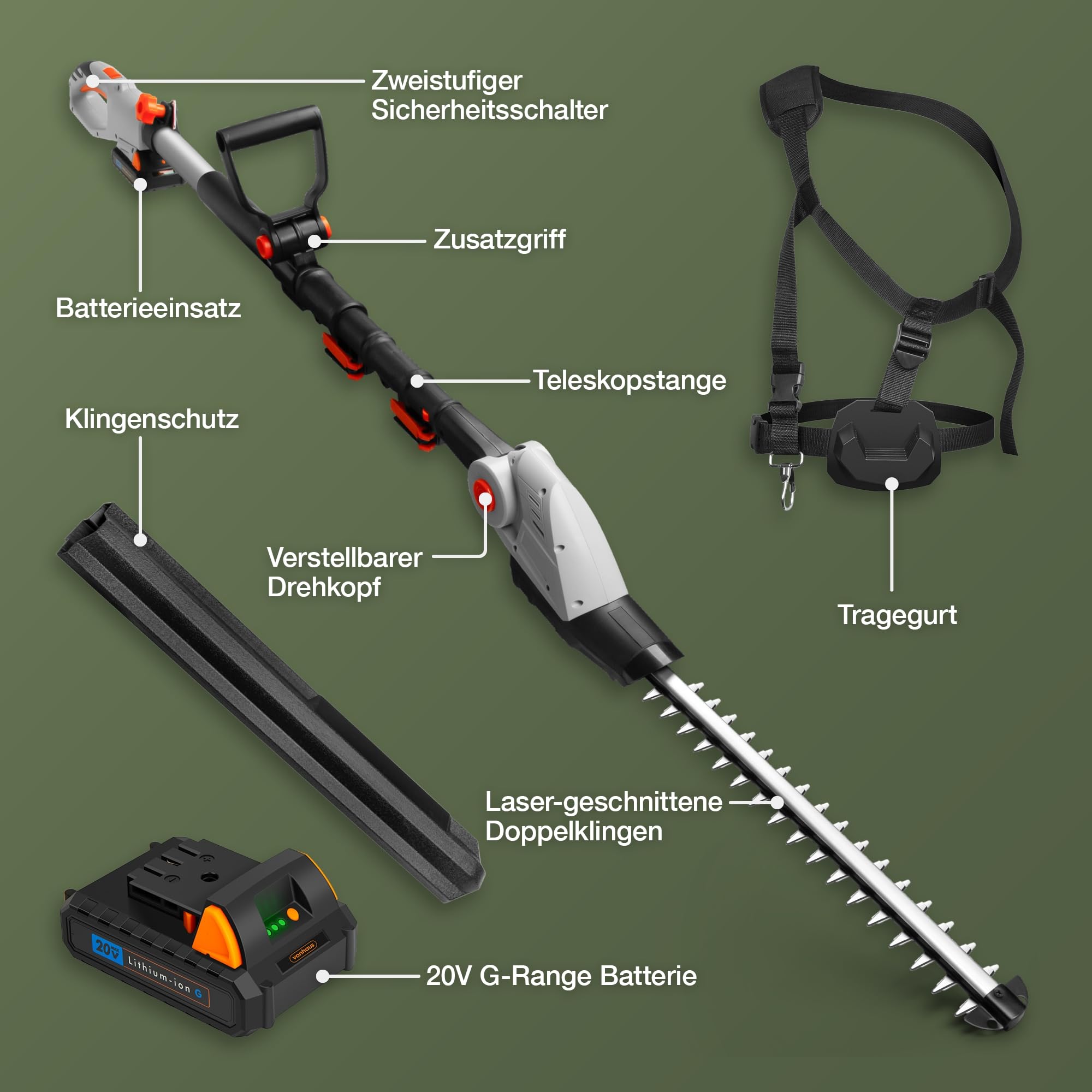 VonHaus 20V Akku Heckenschere für Hecken, Büsche und Zweige | 45 cm Doppelklingen, 135° Verstellbarer Schneidkopf, Ausziehbare Teleskop-Heckenschere, inkl. Akku, Ladegerät & Schultergurt