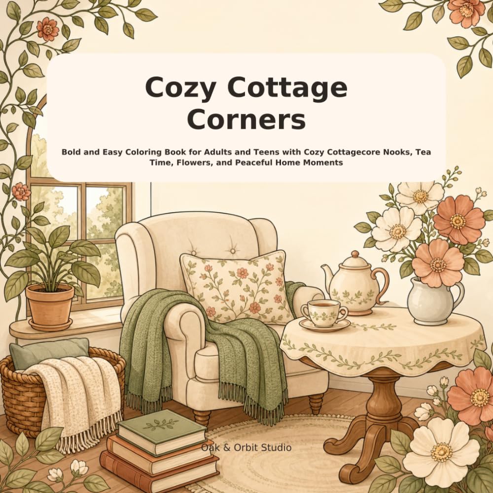 Cozy Cottage Corners: Bold and Easy Coloring Book for Adults and Teens with Cozy Cottagecore Nooks, Tea Time, Flowers, and Peaceful Home Moments