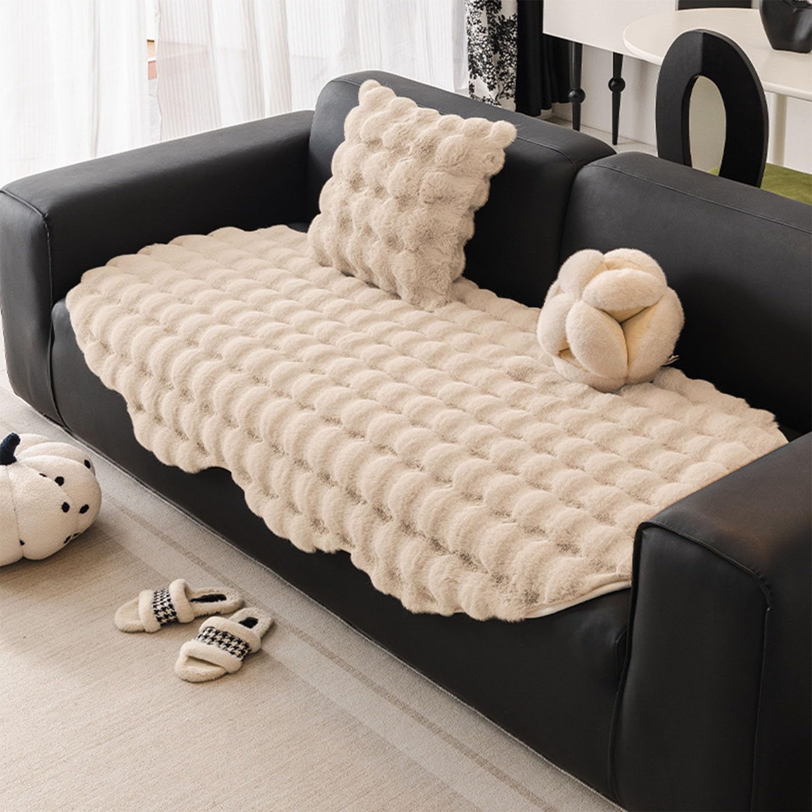 Housse de canapé en peluche lourde antidérapante lapin 1 2 3 4 places camel