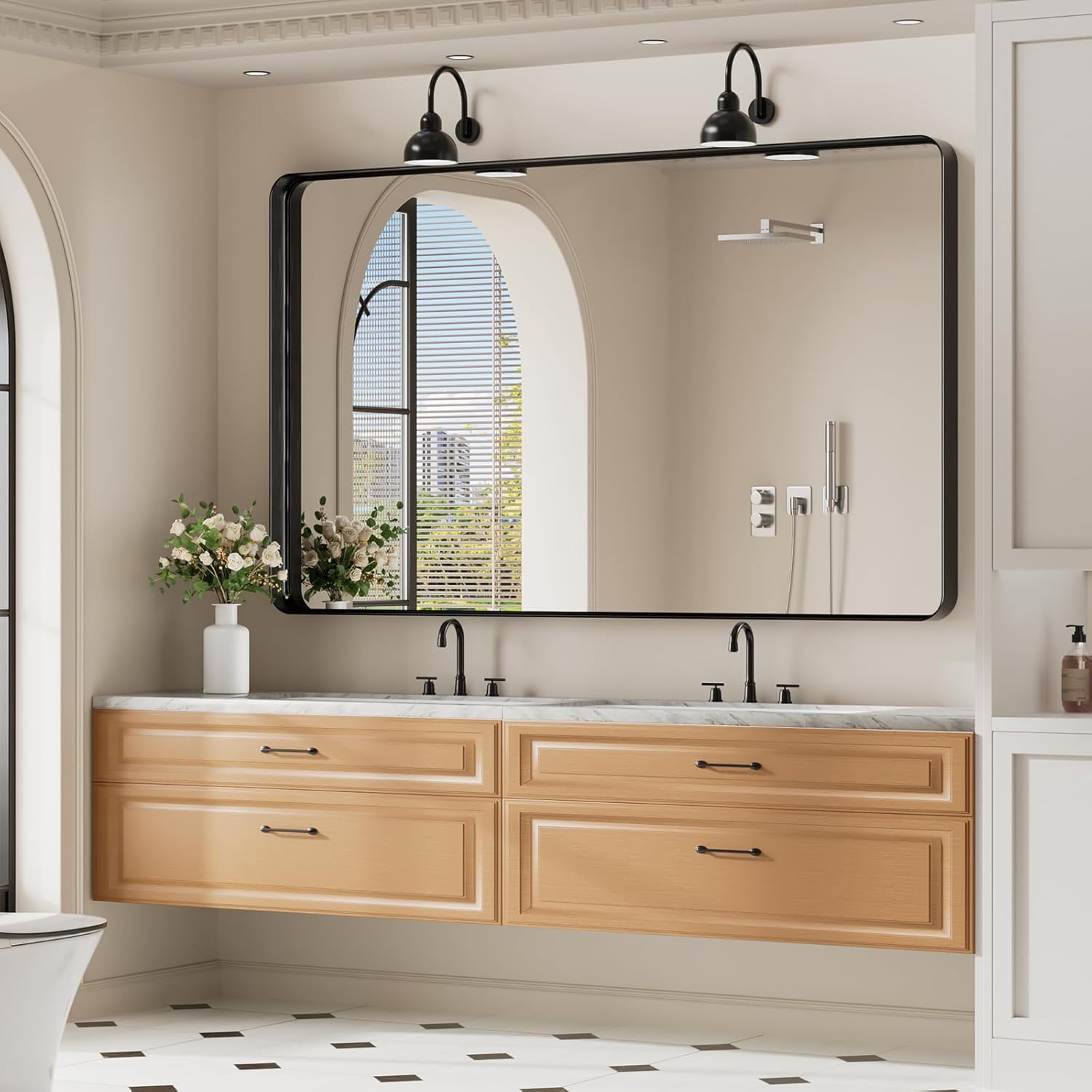 Koonmi Black Wall Mirror for Bathroom, 36x60 Inch Matte Deep Framed Rounded Rectangle Vanity Mirror for Farmhouse Living Room, Tempered Glass, Anti-Rust, Vertically or Horizontally