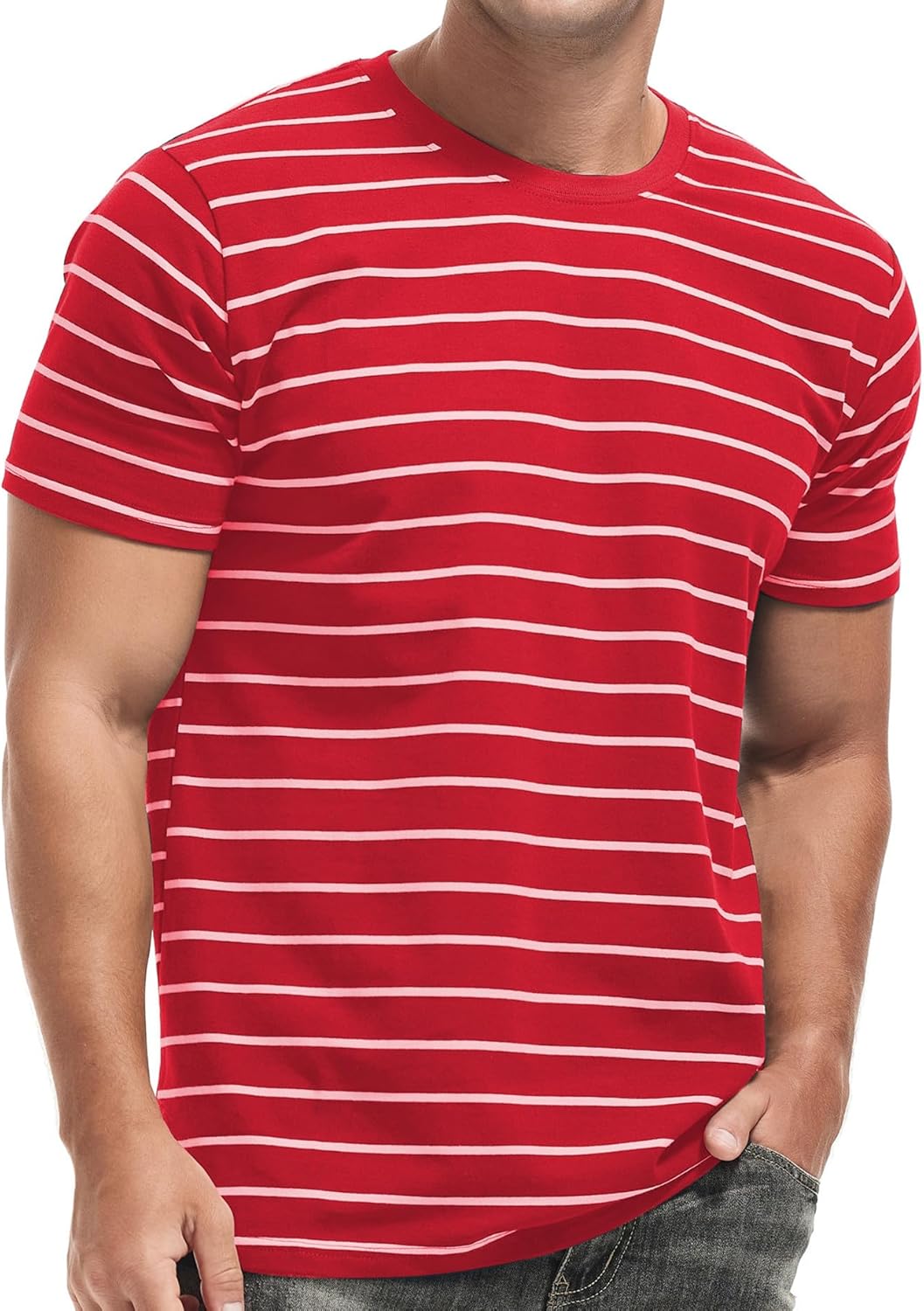 VEIISAR Men's Crewneck Striped T-Shirt Soft Elastic Cotton Tees