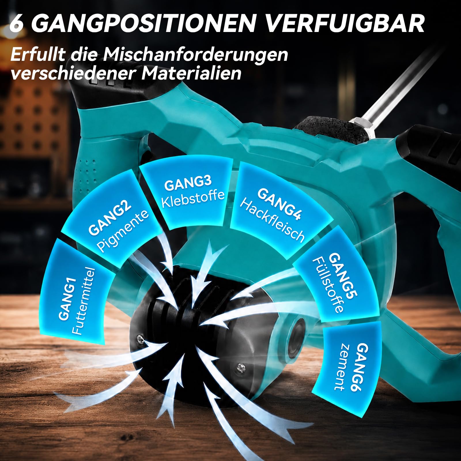 Mörtelrührer, 2400W Rührwerk mit 6-Gang-Getriebe, 1200r/min Quirl Mörtelrührer, Bürstenloser Reiner Kupfermotor, M14-Gewindemischer 1,8m Kabel Geeignet für Mörtel, Gips, Kleber und Zement