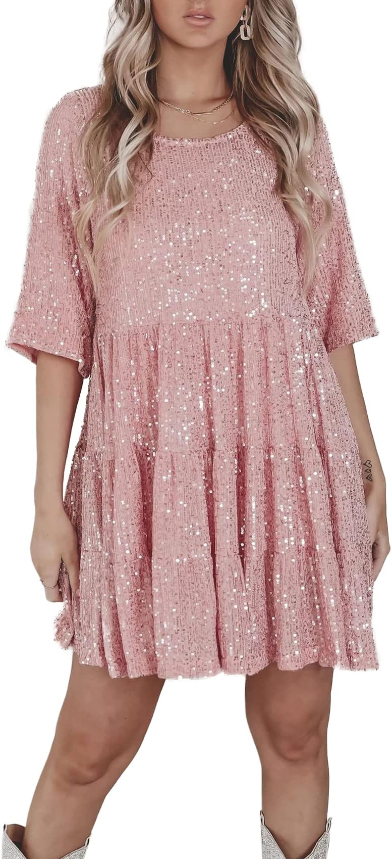 MAYSTEPPESparkly Glitter Dress, Sequin Babydoll Summer Dress Short Flowy Tiered Tunic Dress for Women Party Club Night