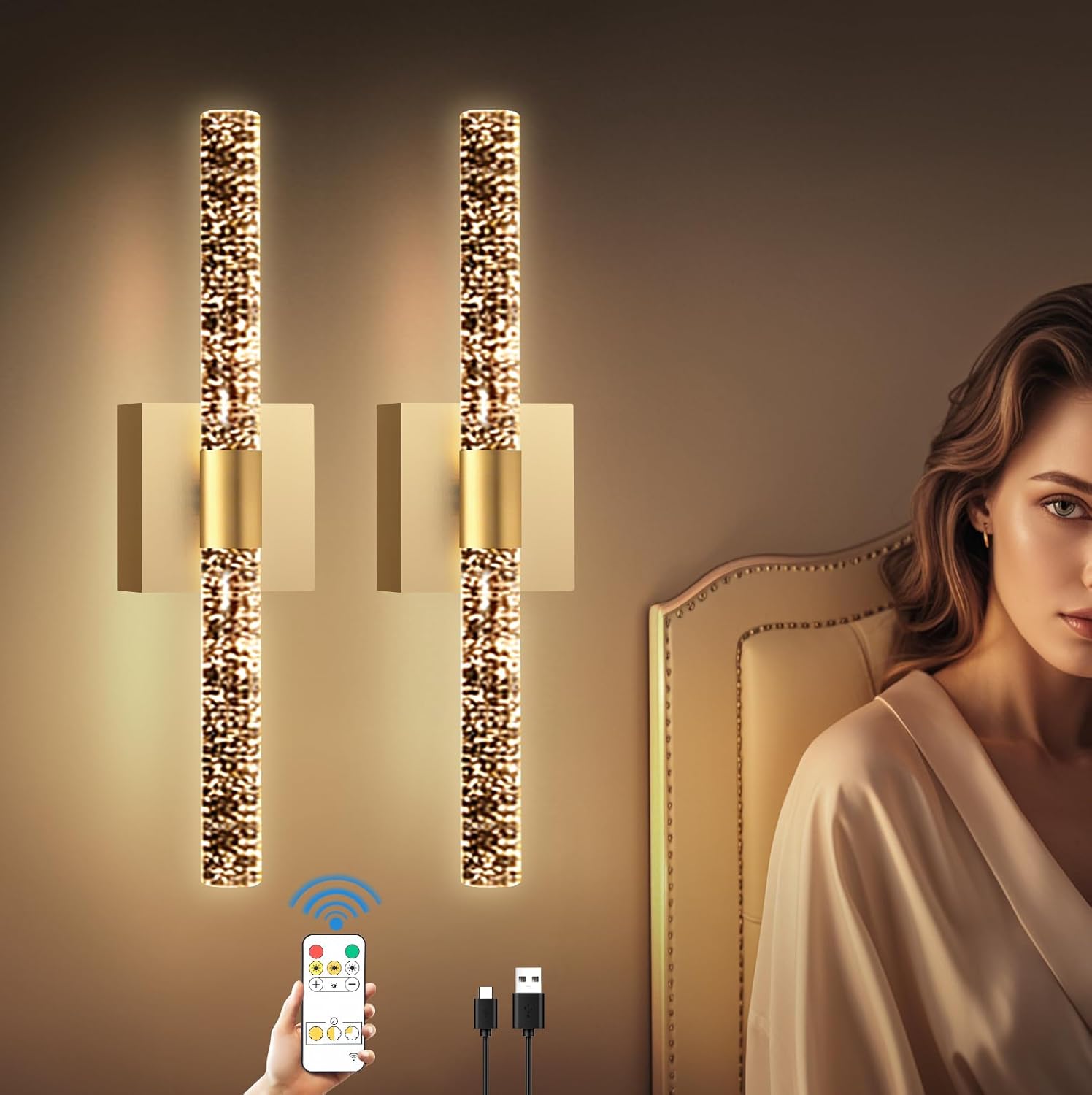 10000mAh Battery Operated Wall Sconce Set of Two,16.9 Inch Rechargeable Modern Crystal Bathroom Sconces,LED Wall Sconce, 3000K-6000K Dimmable Wall Lights (Gold)