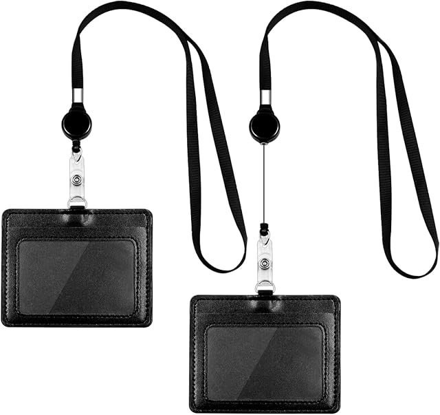 HONZUEN Name Badge Holders, Retractable Lanyard with PU Leather Double-Sided Horizontal Card Holder, Long Lanyard Neck Strap with Retractable Badge Reel with Cardholder for Office Exhibition, 2 Pack