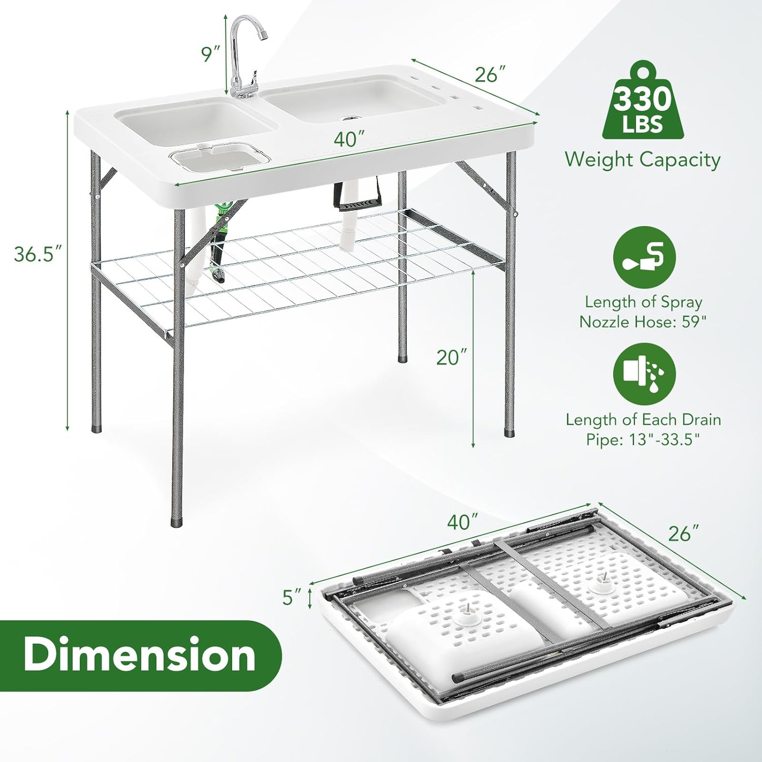 GYMAX Fish Cleaning Table with 2 Sinks, Folding Fish Fillet Cleaning Station with Faucet, Drainage Hoses & Sprayer, Portable Camping Table with Storage for Fishing, Picnic