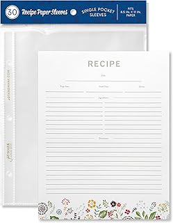 Jot & Mark Recipe Card Paper Full Page 8.5x11 with Crystal Clear Page Protectors for 3 Ring Binder, 30 Count (Pinwheel Floral)