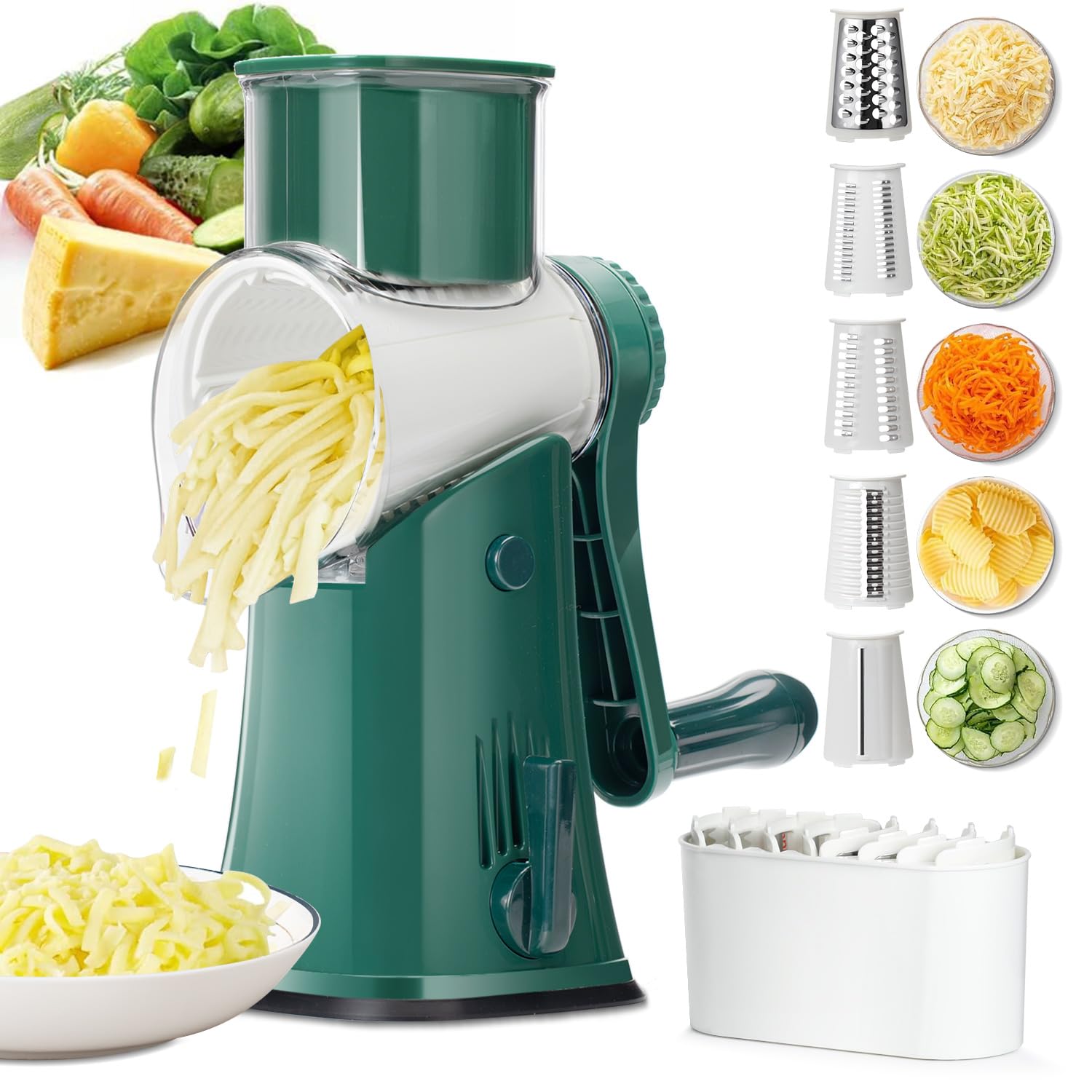 Rotary Cheese Grater Hand Crank,5 in1 Cheese Shredder,Cuts Cheese,Veggies,Fruits-Strong Suction Base-Cucumber Slicer,Cabba...
