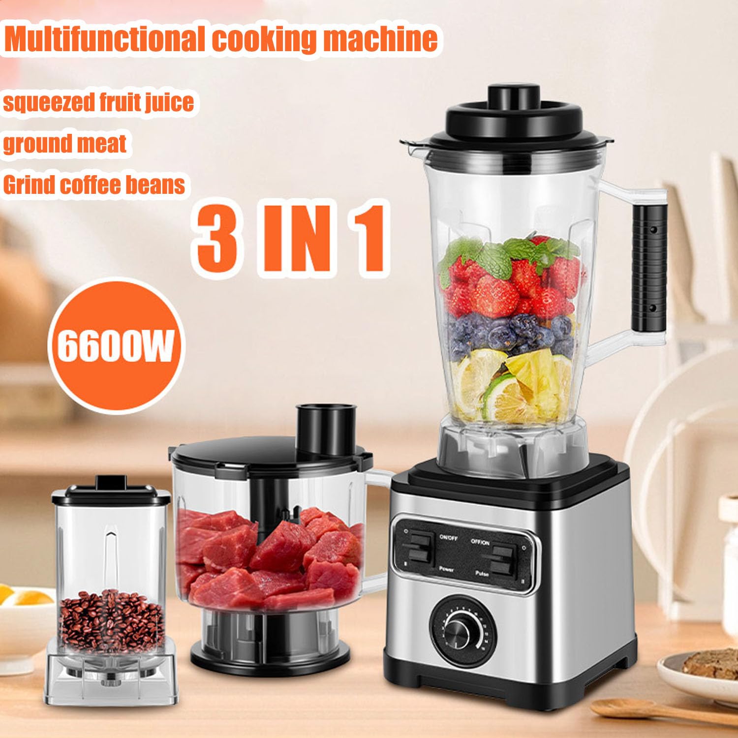 Máquina exprimidora, procesador de alimentos 3 en 1, molinillo de carne silencioso de 6600 W y licuadora de hielo para frutas y verduras, alta salida de jugo, aparato de cocina multifuncional