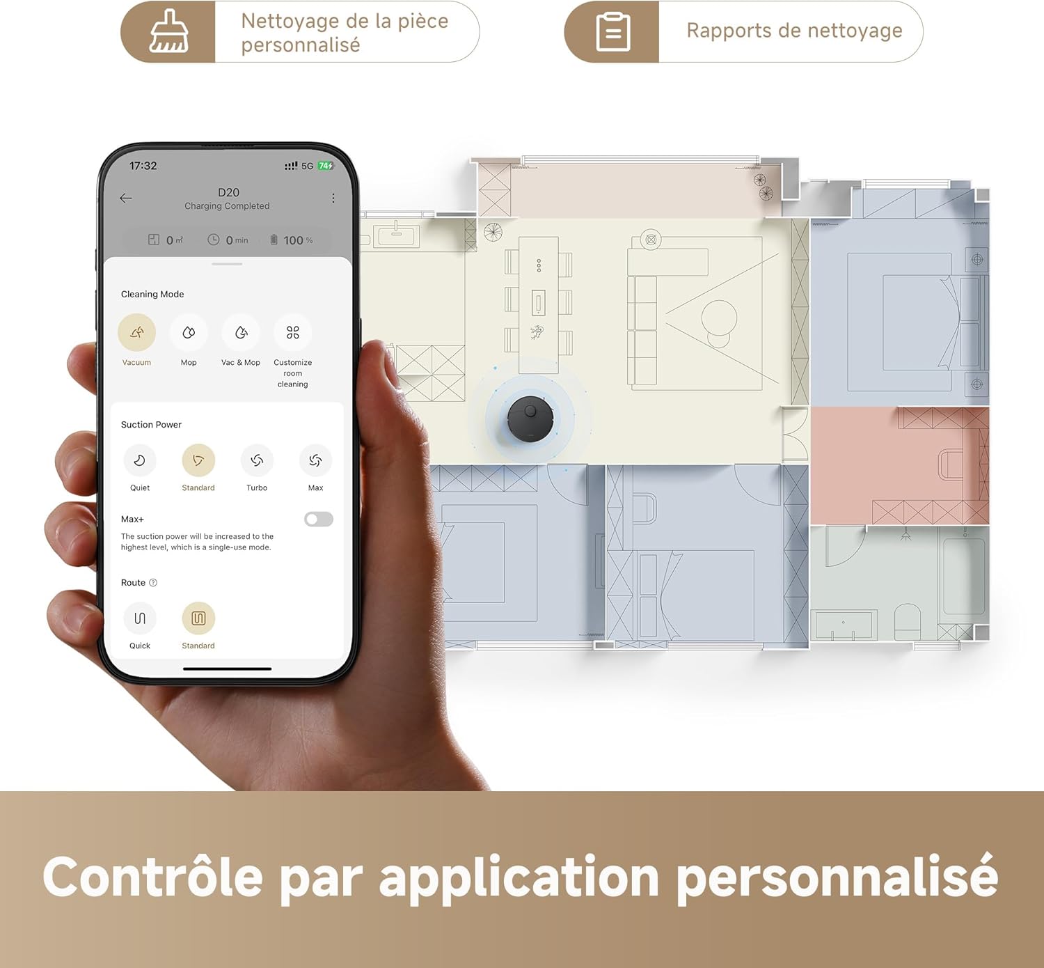 Smartphone-skærm, der viser Dreamehome-appens brugerflade til styring af robotstøvsugere