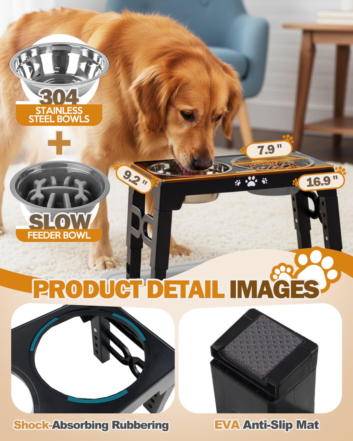 Jovrun Cuencos elevados para perros, soporte elevado ajustable de 5 alturas para perros pequeños, medianos y grandes, comedero para perros con 2 cuencos de acero inoxidable y 1 cuenco de alimentación