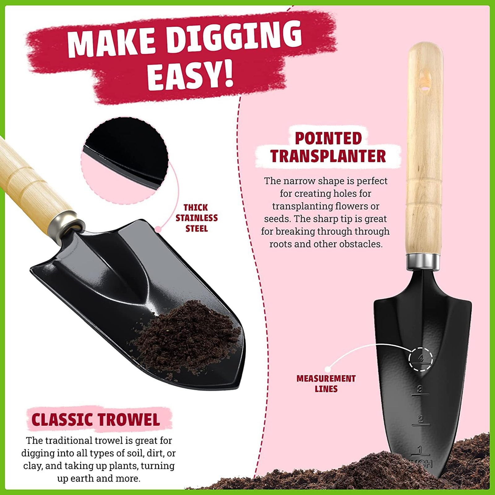 Set di attrezzi da giardinaggio, in acciaio inox resistente, con borsa per attrezzi da giardino resistente e manico ergonomico antiscivolo per uso esterno