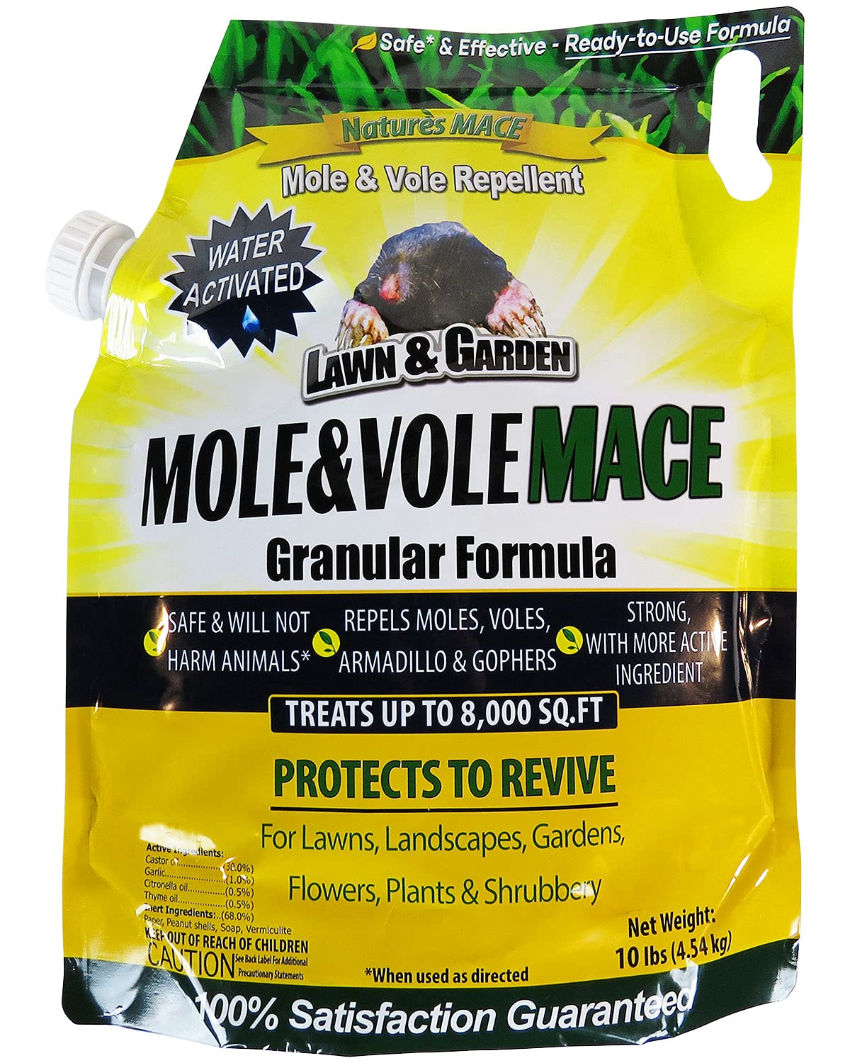 Nature's MACEMole & Vole Repellent 10lb. Granular Bag/Covers 8,000 Sq. Ft. / Keep Moles & Voles Out of Your Lawn and Garden/Guaranteed to Repel Moles/Safe to use Around Home, Children, & Plants
