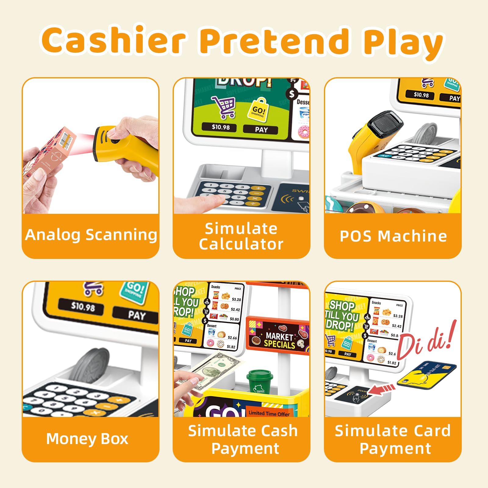 RedCrab Supermercato Giocattolo per Bambini, 65 Pezzi Accessori per Negozio, Registratore di Cassa Giocattolo con Scanner e Suono, Gioco di Ruolo Regalo per Bambini 3+ Anni