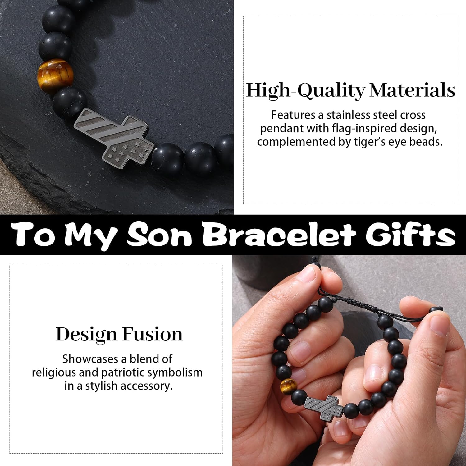 Men's Cross Bracelet Gifts for Teen Boys American Flag Cross Beads Bracelet Inspirational Christian Religious Christmas Valentine Gifts Jewelry Gifts for Boys Kids Teens Men Grandson Son - Image 2