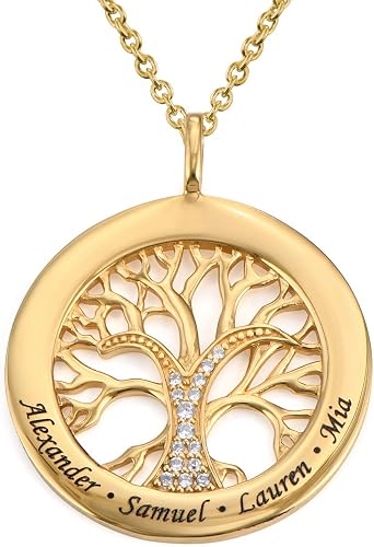MYKA-Custom Family Tree Necklace for Women, Circle Tree of Life Pendant with Names and CZ Stones, Sterling Silver Jewellery Birthday Gift for Mum