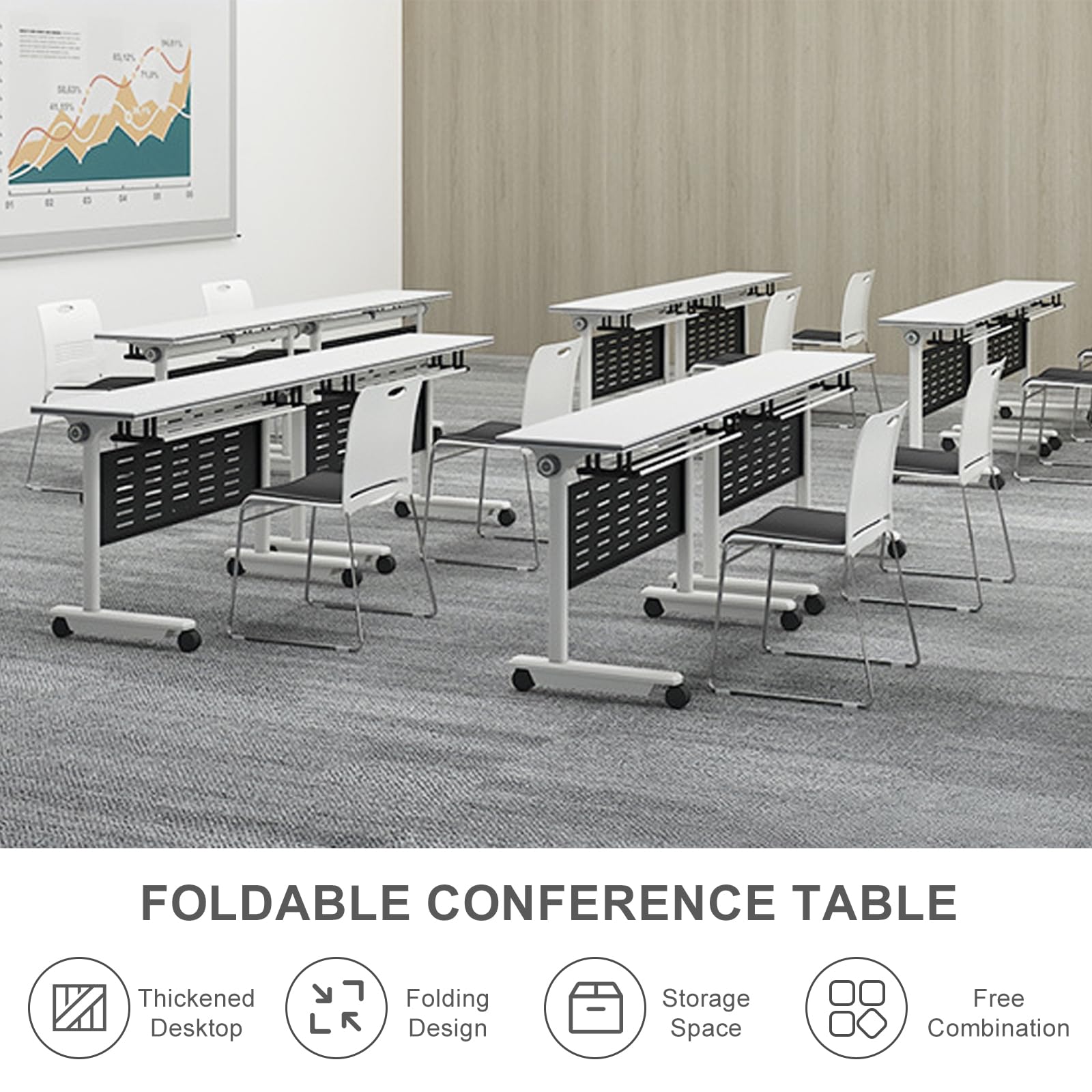 Tavoli da conferenza pieghevoli e mobili, 160 x 40 cm, con piano ribaltabile e ruote, ideali per ufficio, sale riunioni, corsi di formazione e seminari. Set da 4 pezzi con vano portaoggetti.