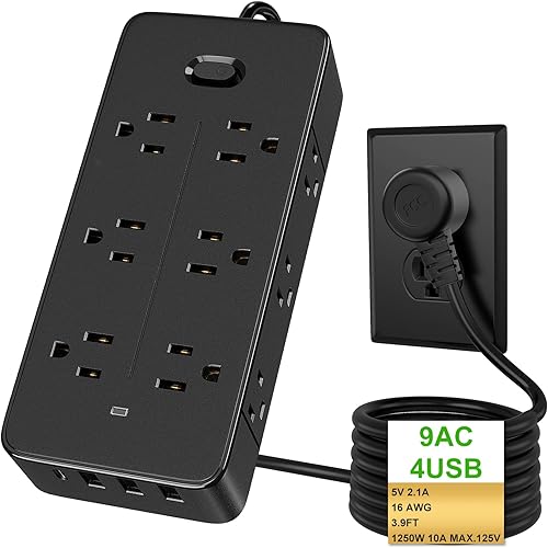 Regletas de alimentación con protección contra sobretensiones, cable de extensión con múltiples tomas de corriente (9 CA + 4 USB), 1250 W10 A,