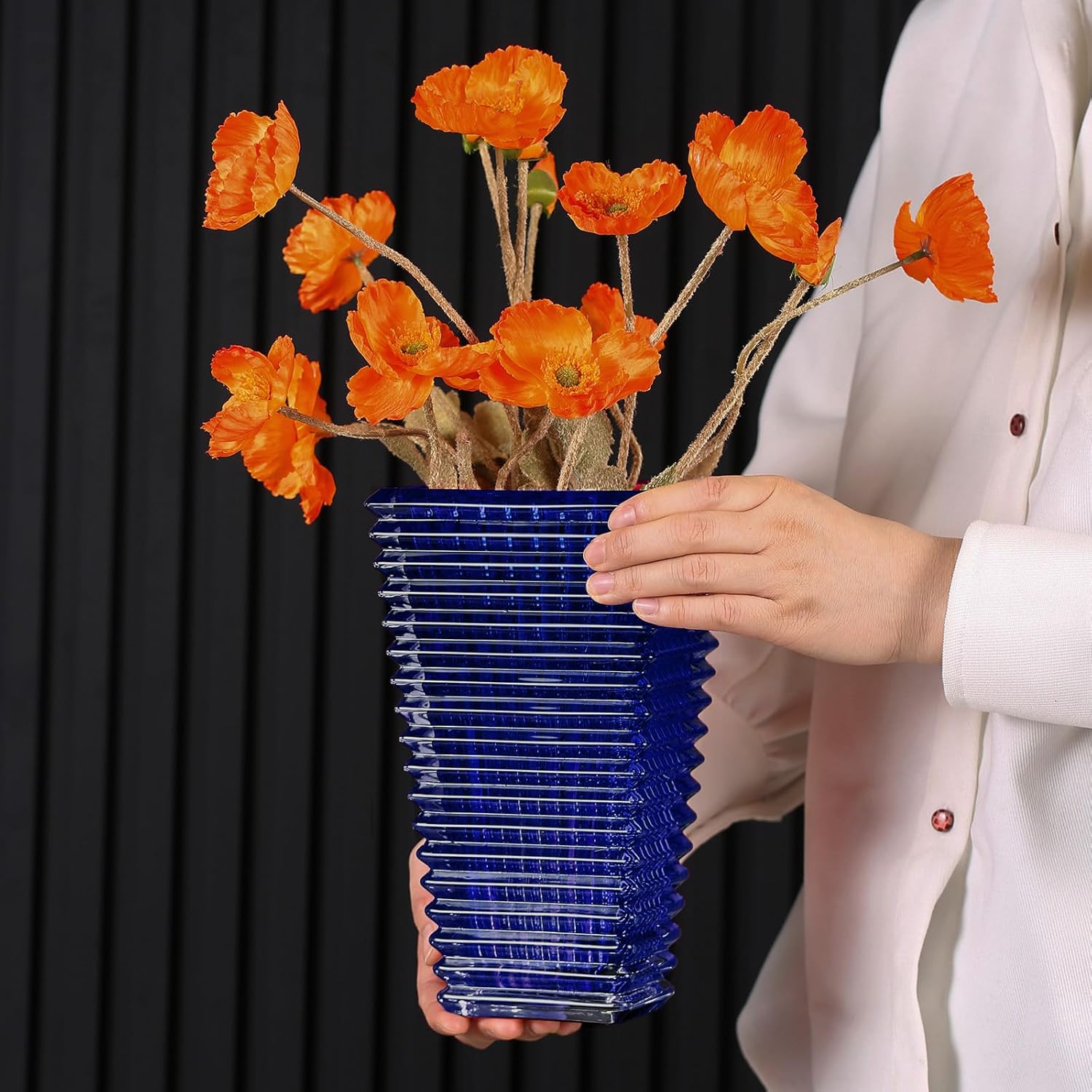 Crystal Glass Vase,Blue Square Block Flower Vase Decor for Home Dining Table Living Room Centerpiece,Office Wedding Holiday Party,Handmade Decorative Flower Vase - Image 4