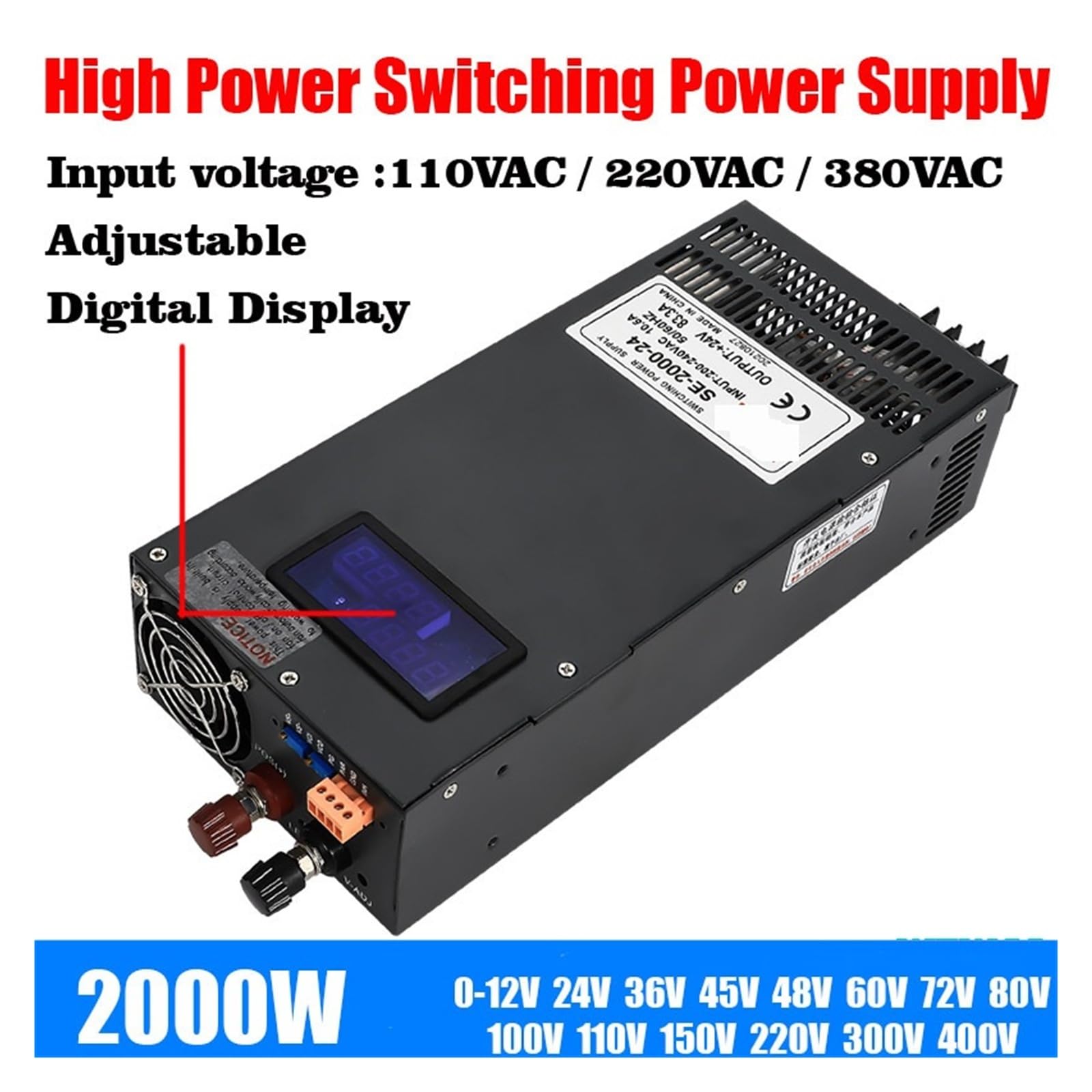 Regulowany zasilacz impulsowy o mocy 2000 W DC, od 0 do 15 V do 400 V
