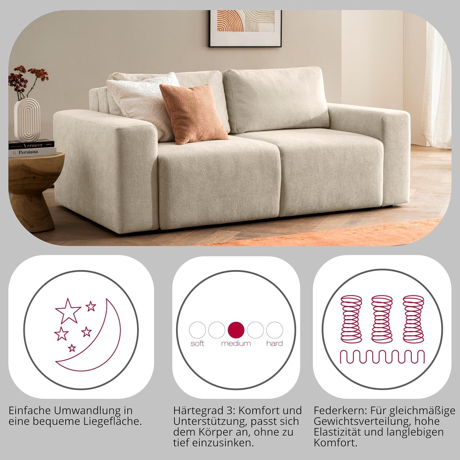 DOMO. collection Sofa Lares, Schlaffunktion & Federkern, Beige | 2 Sitzer mit Schlaffunktion und losen Rückenkissen, komfortables Schlafsofa, 192 x 116 x 85 cm (BxTxH)